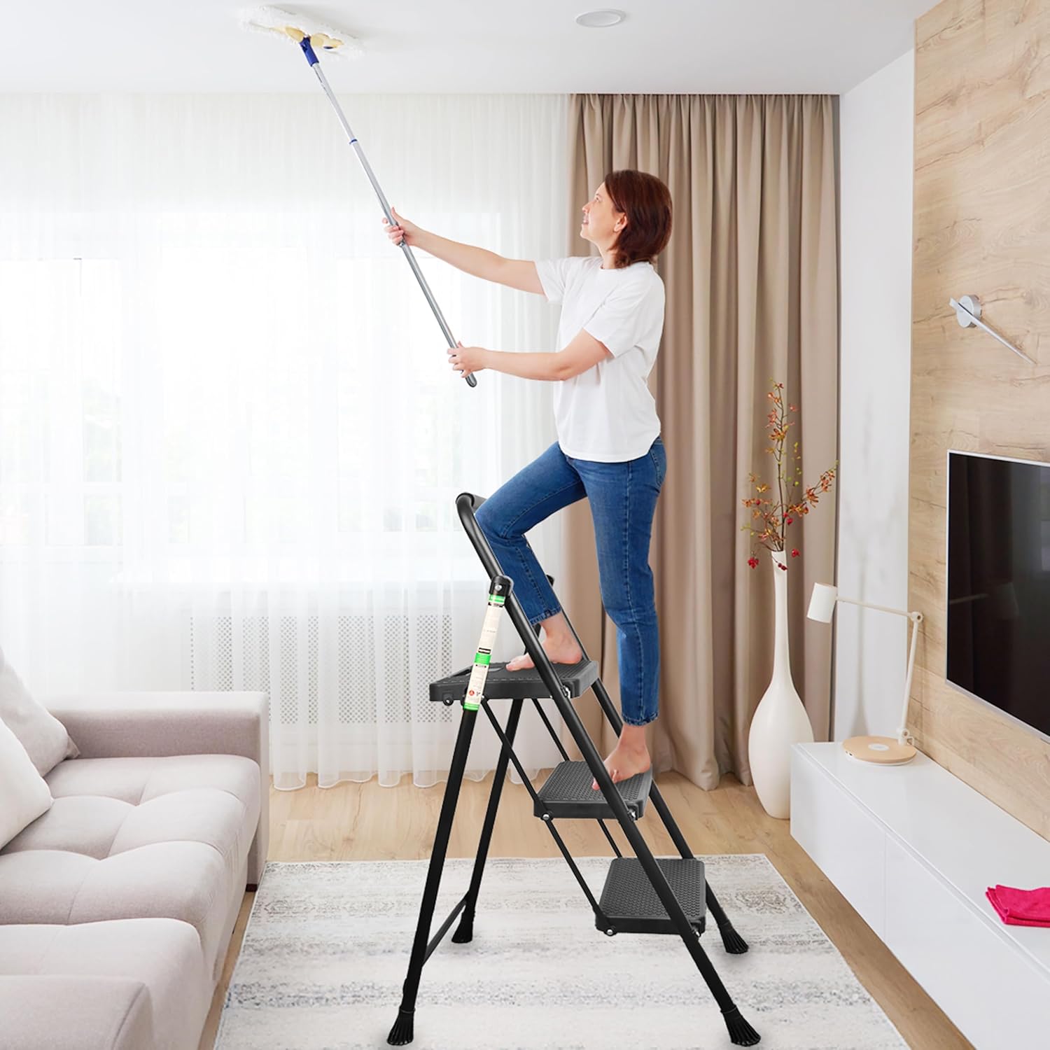 3 Step Ladder, Folding Step Stool with Wide Anti-Slip Pedals, Sturdy Steel Ladder with Handrail, Space-Saving, Portable for Home & Adults - Image 9