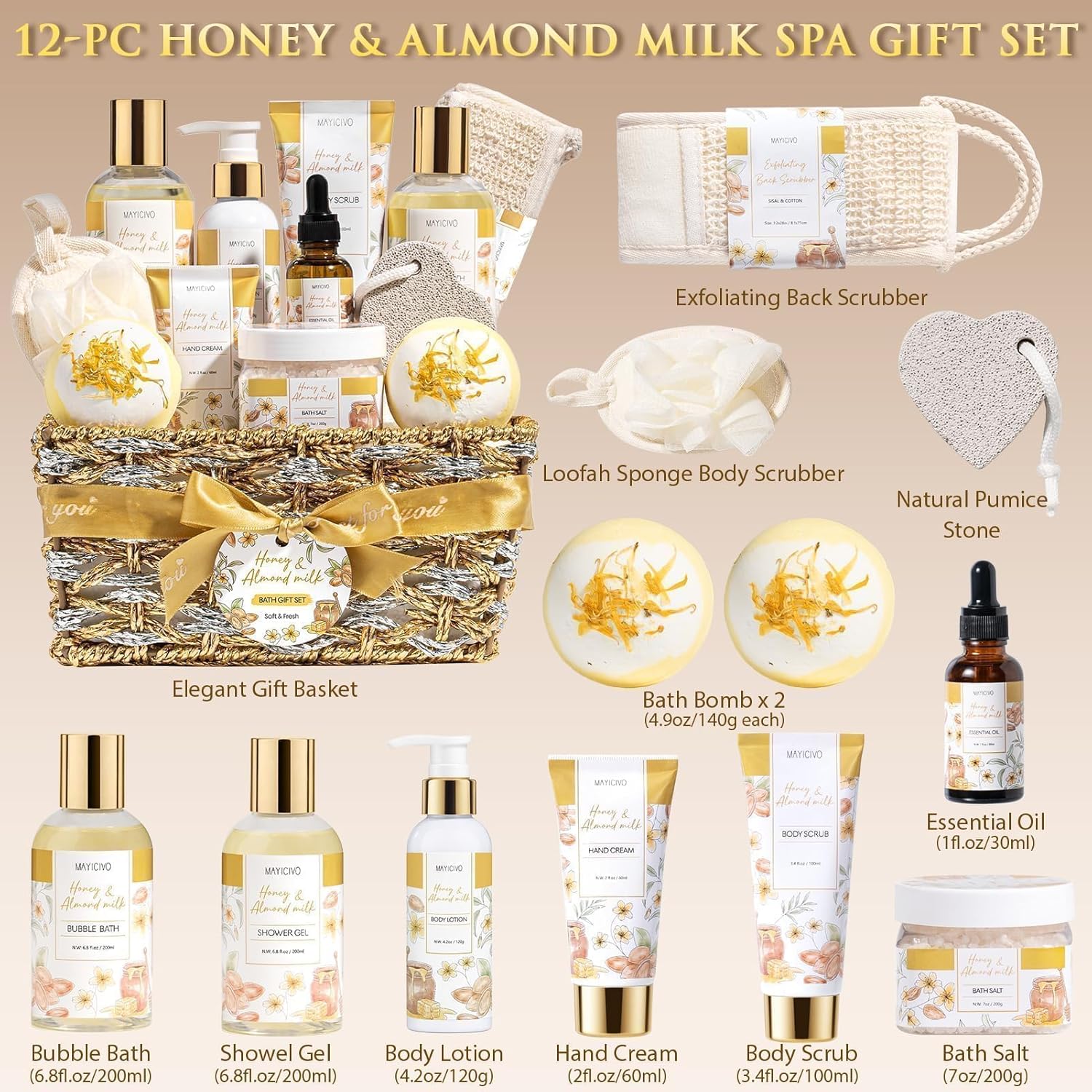 Mothers Day Birthday Gifts for Women, Honey & Almond Milk Relaxing Spa Gift Baskets for Women Self Care Package Bath Gift Set, Home Bath and Body Kit Pamper Gifts for Womens Her Mom Friends Sister - Image 2