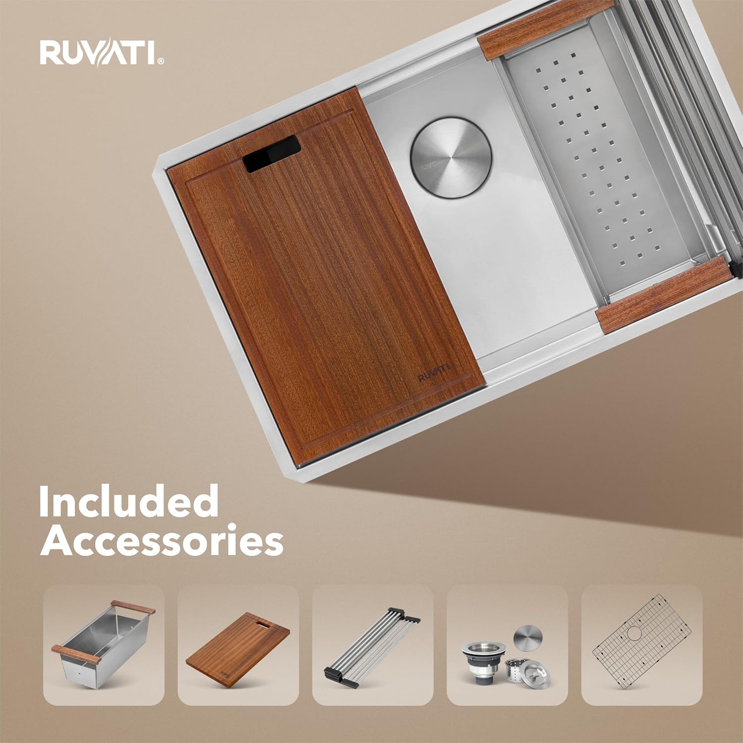 Ruvati 32-inch Undermount 16 Gauge Stainless Steel Workstation Kitchen Sink Single Bowl – Soundproof Multifunction Chef Sink with Cutting Board & Accessories, Brushed Finish Hides Scratches – RVH8300 - Image 3