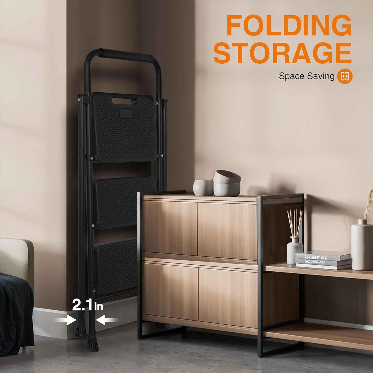 3 Step Ladder, Folding Step Stool with Wide Anti-Slip Pedals, Sturdy Steel Ladder with Handrail, Space-Saving, Portable for Home & Adults - Image 6