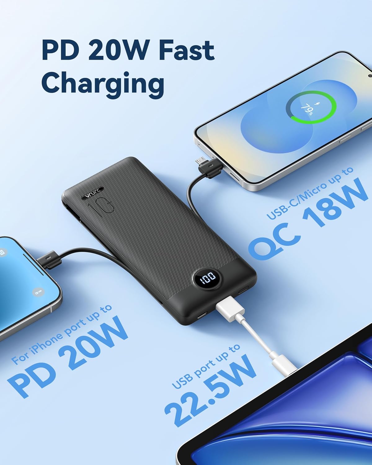 VRURC Portable Charger Power Bank - 10000mAh Fast Charging PD 20W with Wall Plug Slim Portable Charger Built in Cables USB C Portable Phone Charger Travel Accessories -Black(1 Pack) - Image 6