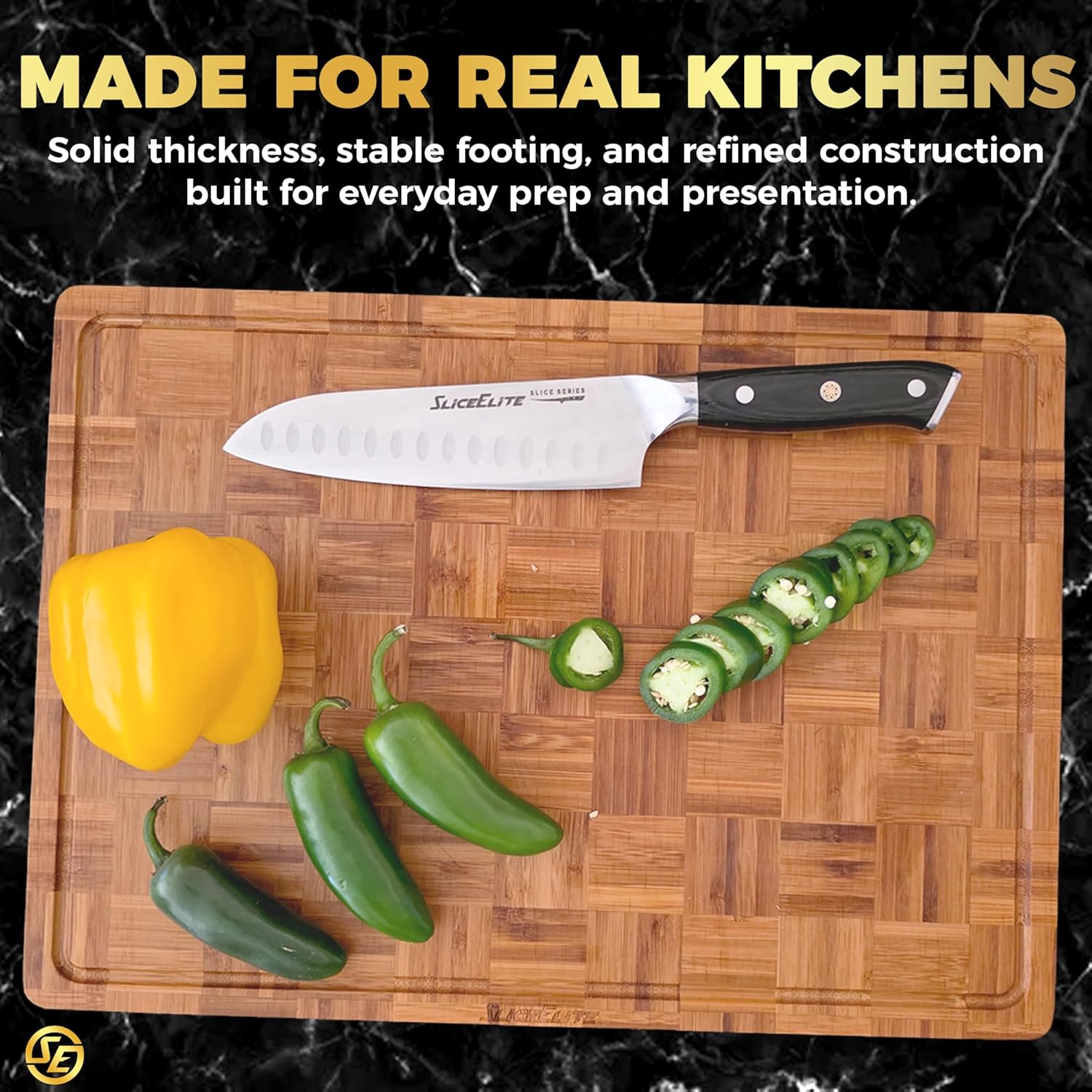 SliceElite Extra Large Bamboo Cutting Board Set 3 Piece End Grain Wooden Chopping Boards with Holder Non Slip Feet Juice Groove XL Butcher Block Style Boards for Kitchen Carving and Serving - Image 2