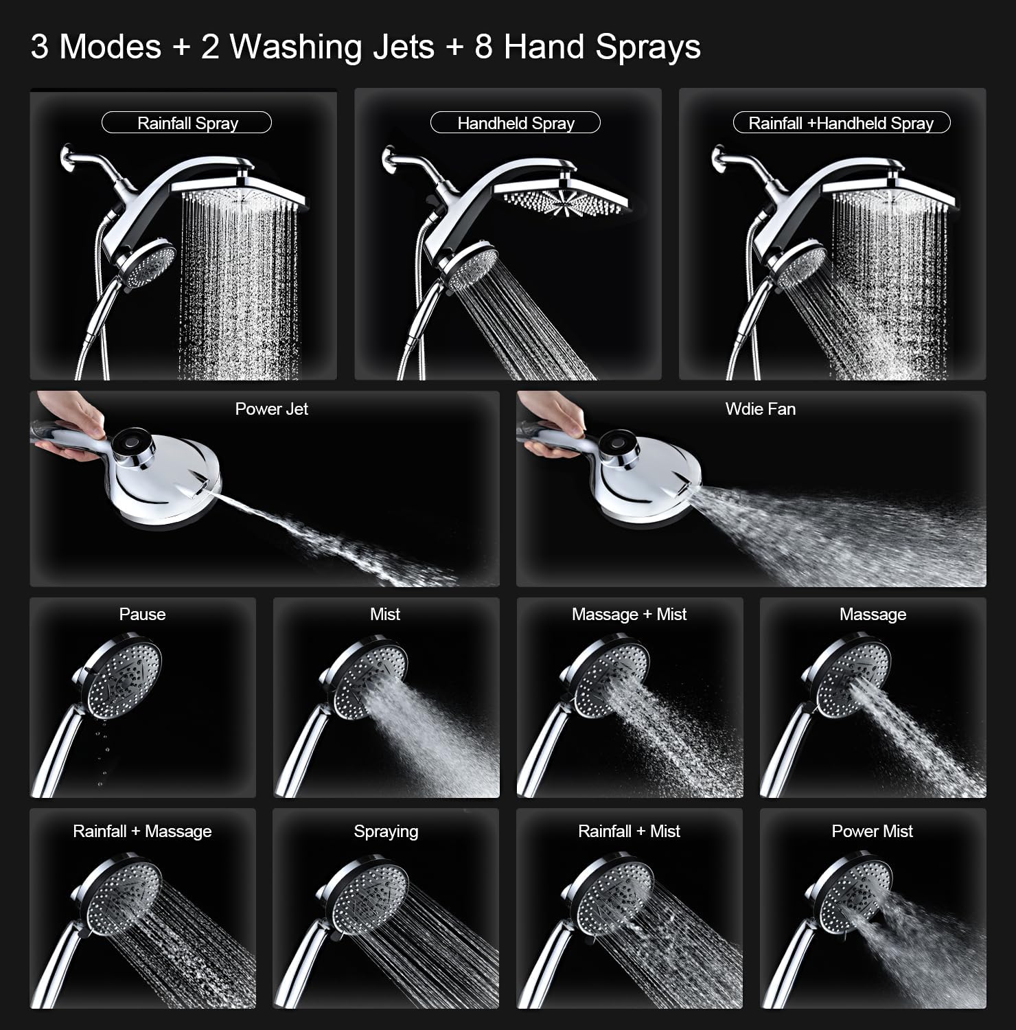 High Pressure Rain Shower Head: Upgrade Shower Heads with Handheld Spray Combo with Fixed Showerhead and 10 Sprays Handheld Shower Head, Detachable Shower head Built-in Magnetic Docking and Power Jets - Image 2