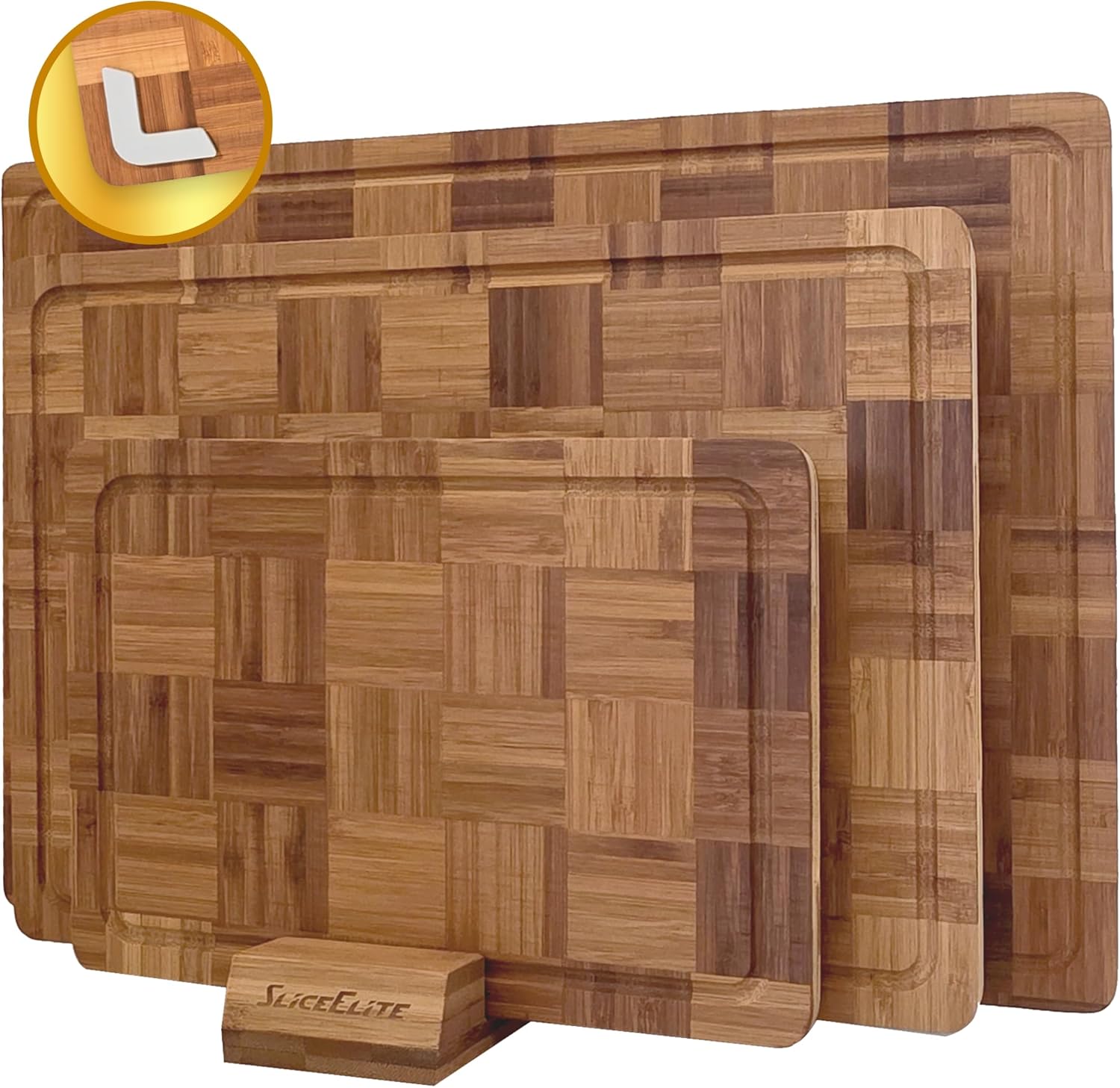 SliceElite Extra Large Bamboo Cutting Board Set 3 Piece End Grain Wooden Chopping Boards with Holder Non Slip Feet Juice Groove XL Butcher Block Style Boards for Kitchen Carving and Serving - Image 9