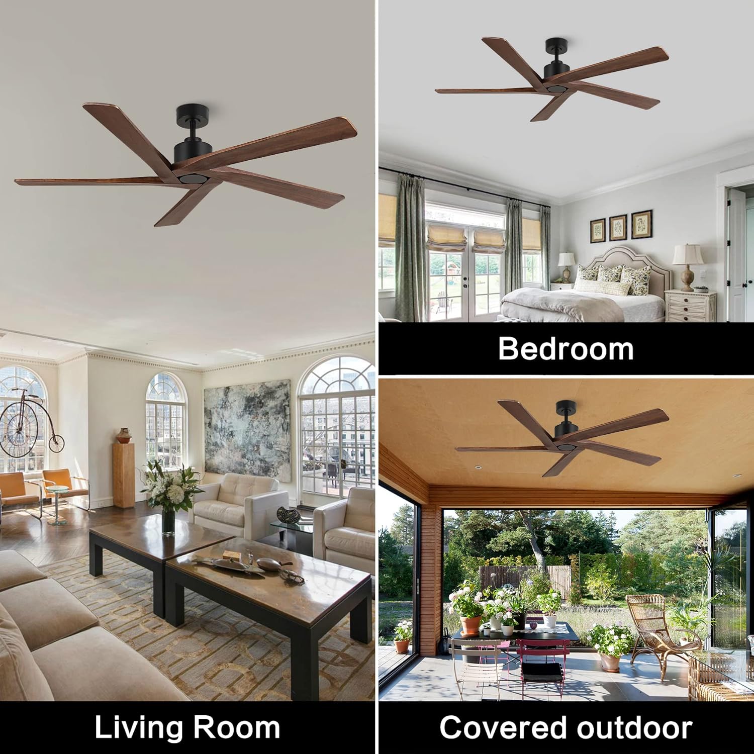WINGBO 64 Inch DC Ceiling Fan without Lights, 5 Reversible Carved Solid Wood Blades, 6-Speed Noiseless DC Motor, Ceiling Fan No Light with Remote, Matte Black Finish with Walnut Blades, ETL Listed - Image 7
