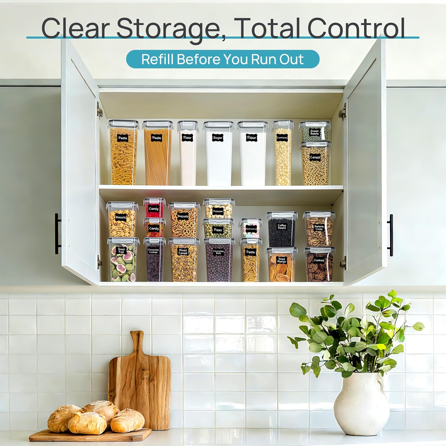 Airtight Food Storage Containers with Lids, Vtopmart 24 pcs Plastic Kitchen and Pantry Organization Canisters for Cereal, Dry Food, Flour and Sugar, BPA Free, Includes 24 Labels,Black - Image 7