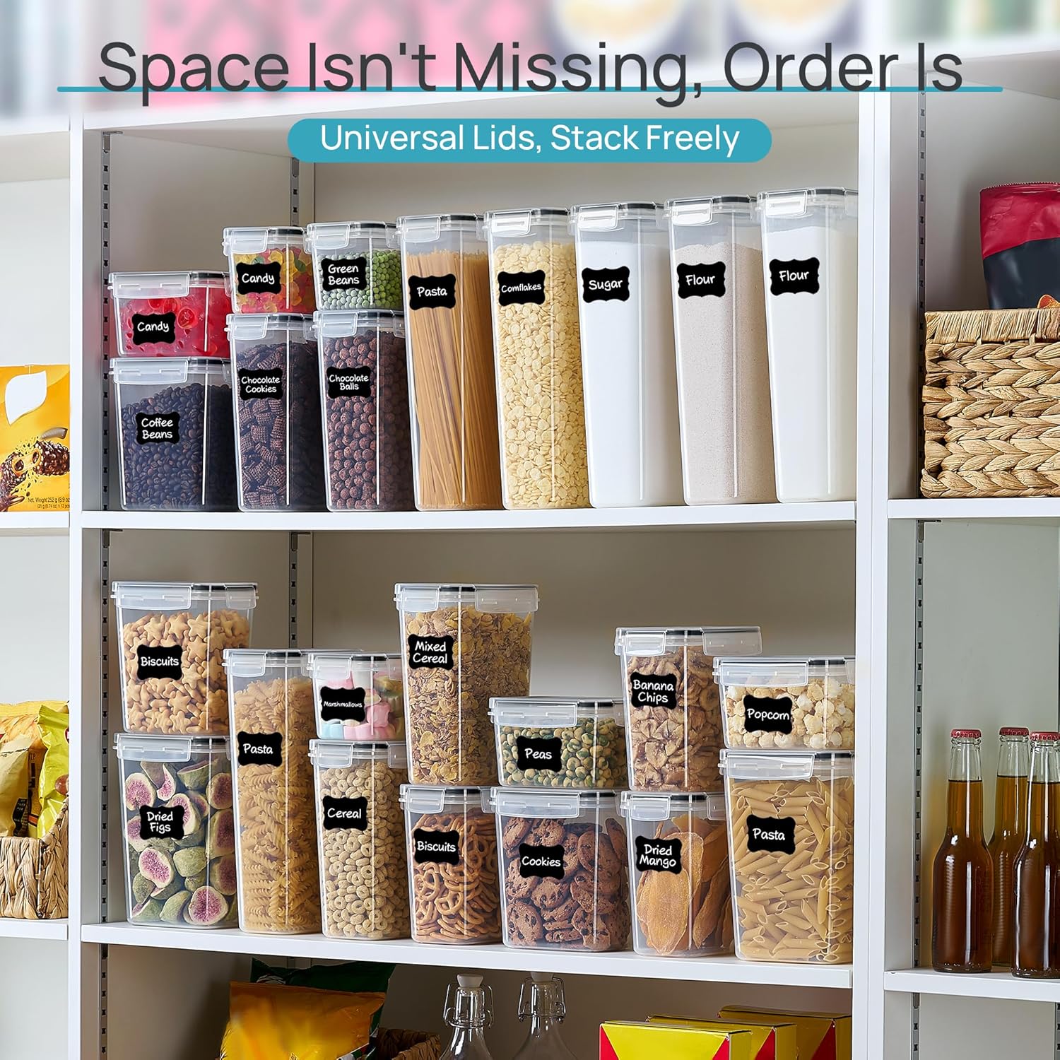 Airtight Food Storage Containers with Lids, Vtopmart 24 pcs Plastic Kitchen and Pantry Organization Canisters for Cereal, Dry Food, Flour and Sugar, BPA Free, Includes 24 Labels,Black - Image 6