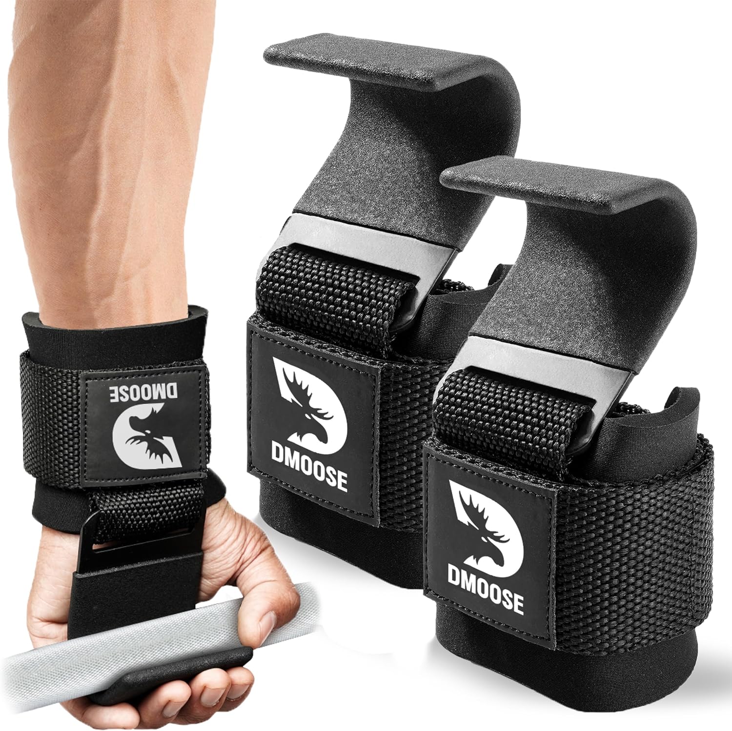 DMoose Fitness Weight Lifting Hooks (Pair) for Deadlifts, Pull Ups, Rows & Shrugs - Anti-Rip Nylon Strap Hand Grips with Thick Wrist Padding - Heavy Duty Wrist Straps for Weightlifting & Gym Workouts