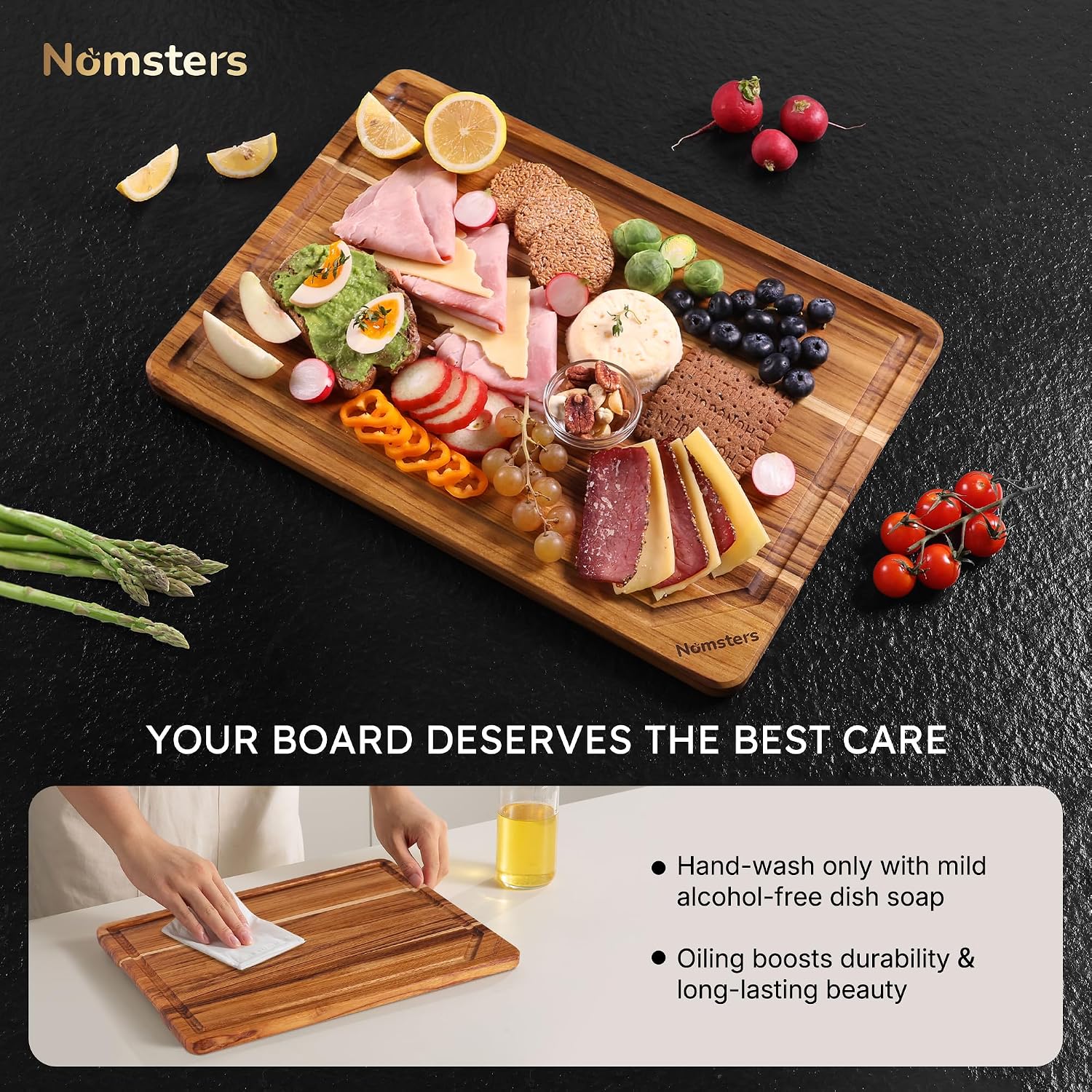 13'' Teak Wood Cutting Board for Kitchen Non Slip Over Sink Charcuterie Board Serving Heavy Duty Non Toxic Wooden Chopping Board Thick Haus Organic Edge Grain Wood House Warming Hostess Host Gift - Image 8