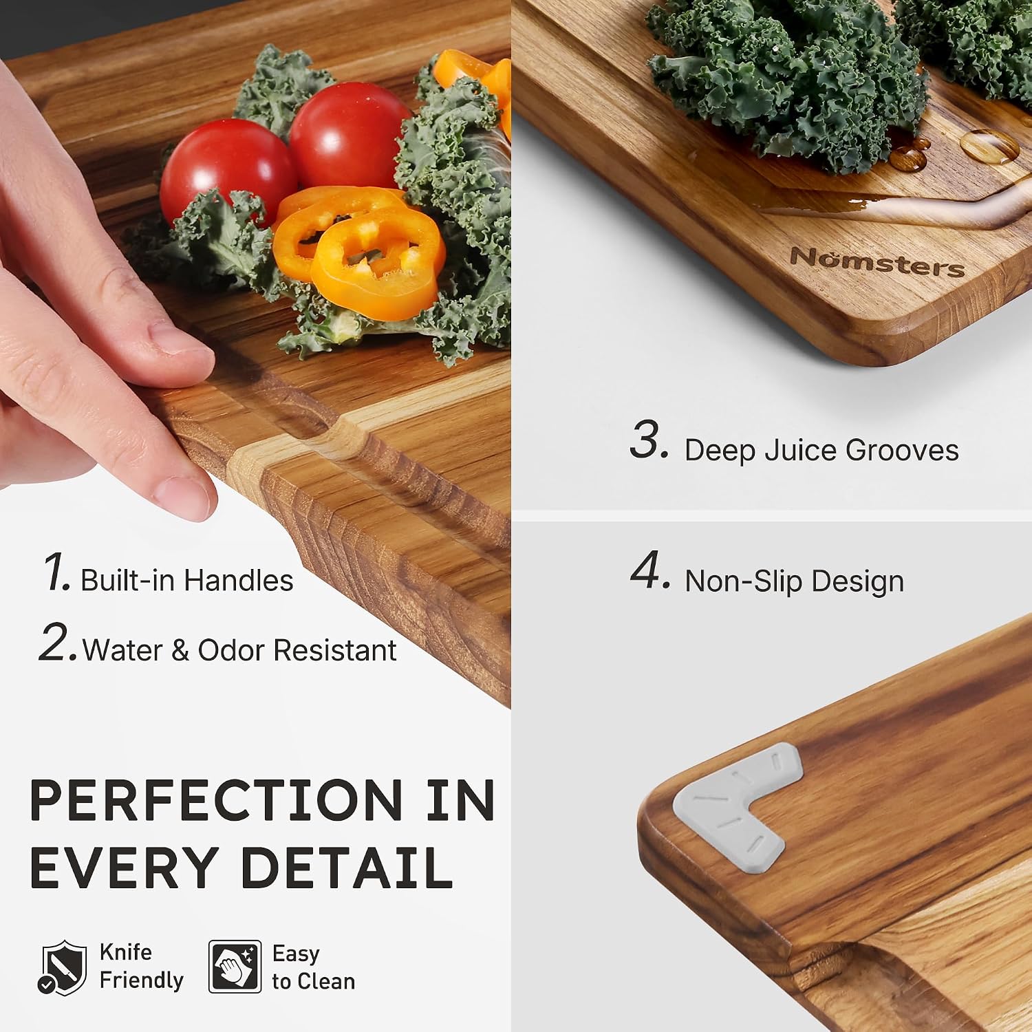 4 Pack Teak Wood Cutting Board Set with Holder Non Slip Over Sink Wooden Chopping Board for Fresh Meat Vegetable Thick Haus Perfect for Charcuterie Juice Groove Holiday Gift Ideas for Men and Women - Image 6