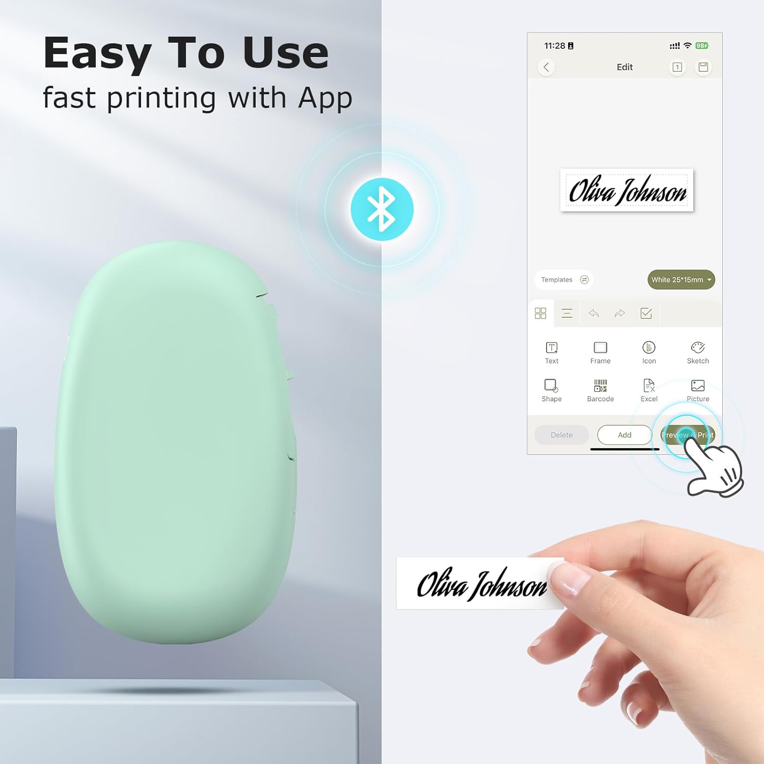 SUPVAN E10 Bluetooth Label Maker Machine with Tape, Continuous Waterproof Label, Versatile App with 35 Fonts and 1k+ Icons, Label Printer for Home, Kitchen, School, Office Organization, Green - Image 3