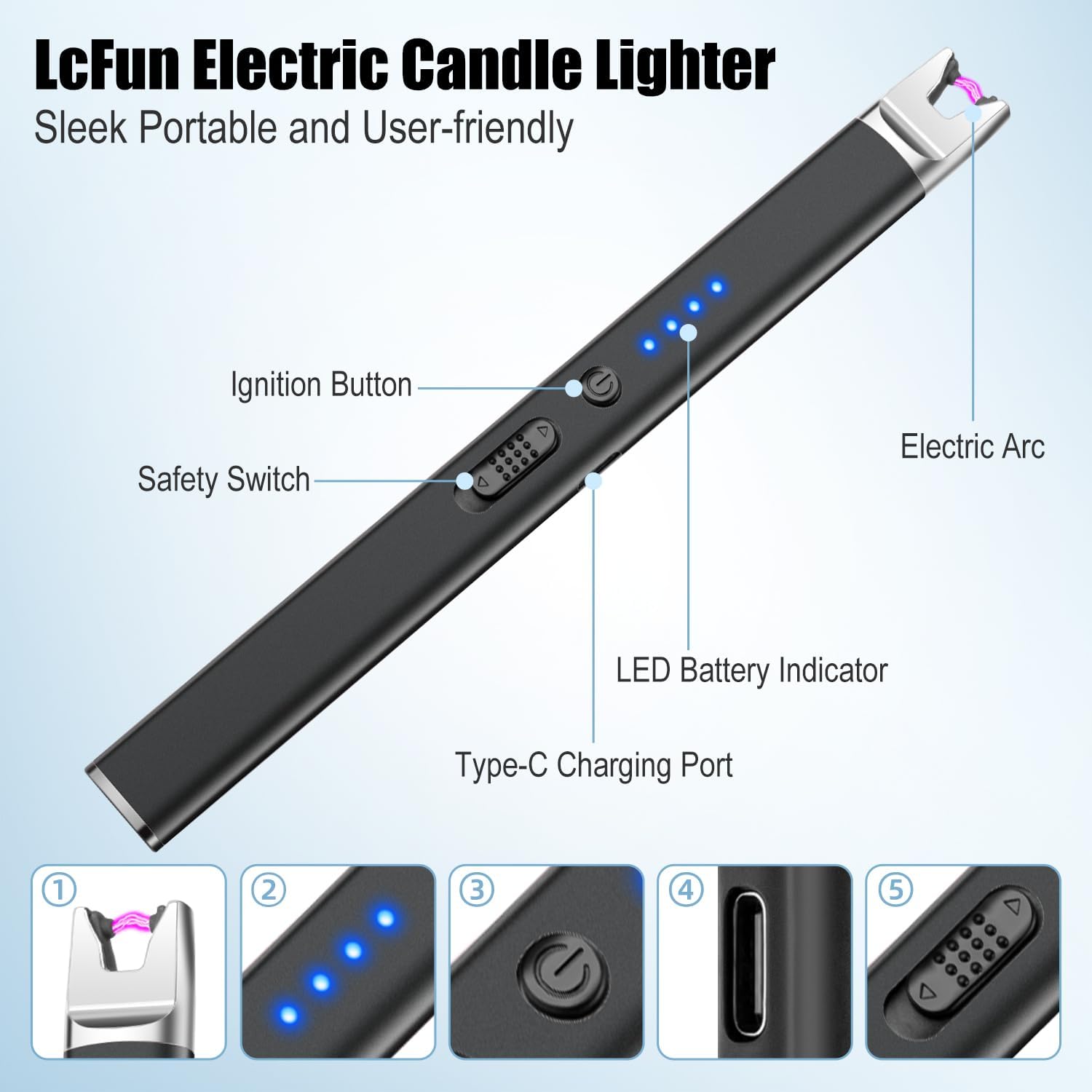 LcFun 2 Pack Candle Lighter USB Rechargeable Electric Plasma Arc Lighters with Safety Lock, Windproof Flameless Lighters Long Stem Matches for Candle, Grill, BBQ, Camping, Gas Stoves (Black, Gold) - Image 2