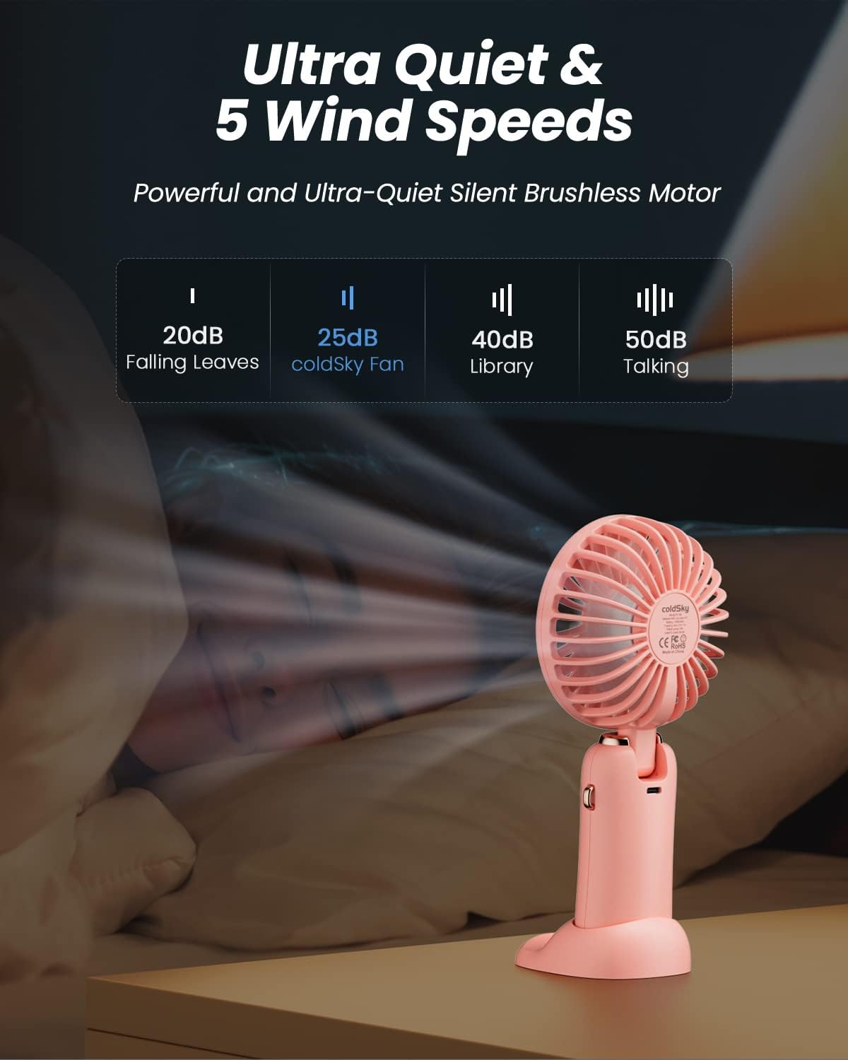 coldSky Portable Handheld Fan, 4000mAh Battery Operated with LED Display, Handheld/Neck/Desk 3 in 1 Personal Small Fan, 90° Foldable Desk Fan with Base, 5 Speed Lash Makeup Fan for Women - Image 7