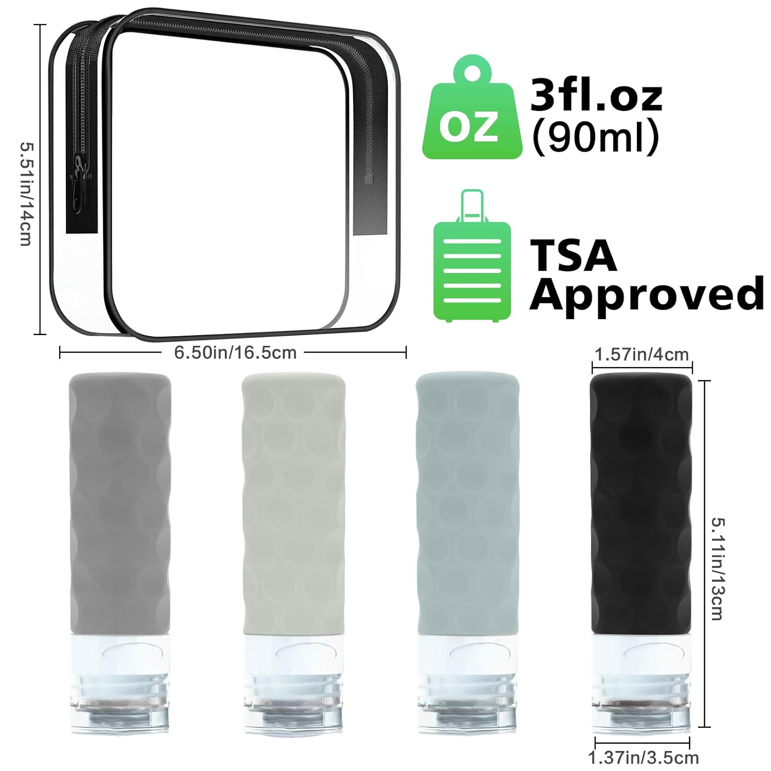Silevoler Travel Bottles for Toiletries, 4pcs Tsa Approved 3oz Travel Size Containers, BPA Free Leak Proof Premium Silicone Bottles, Refillable Liquid Squeezable Accessories W/Toiletry Bag - Image 2