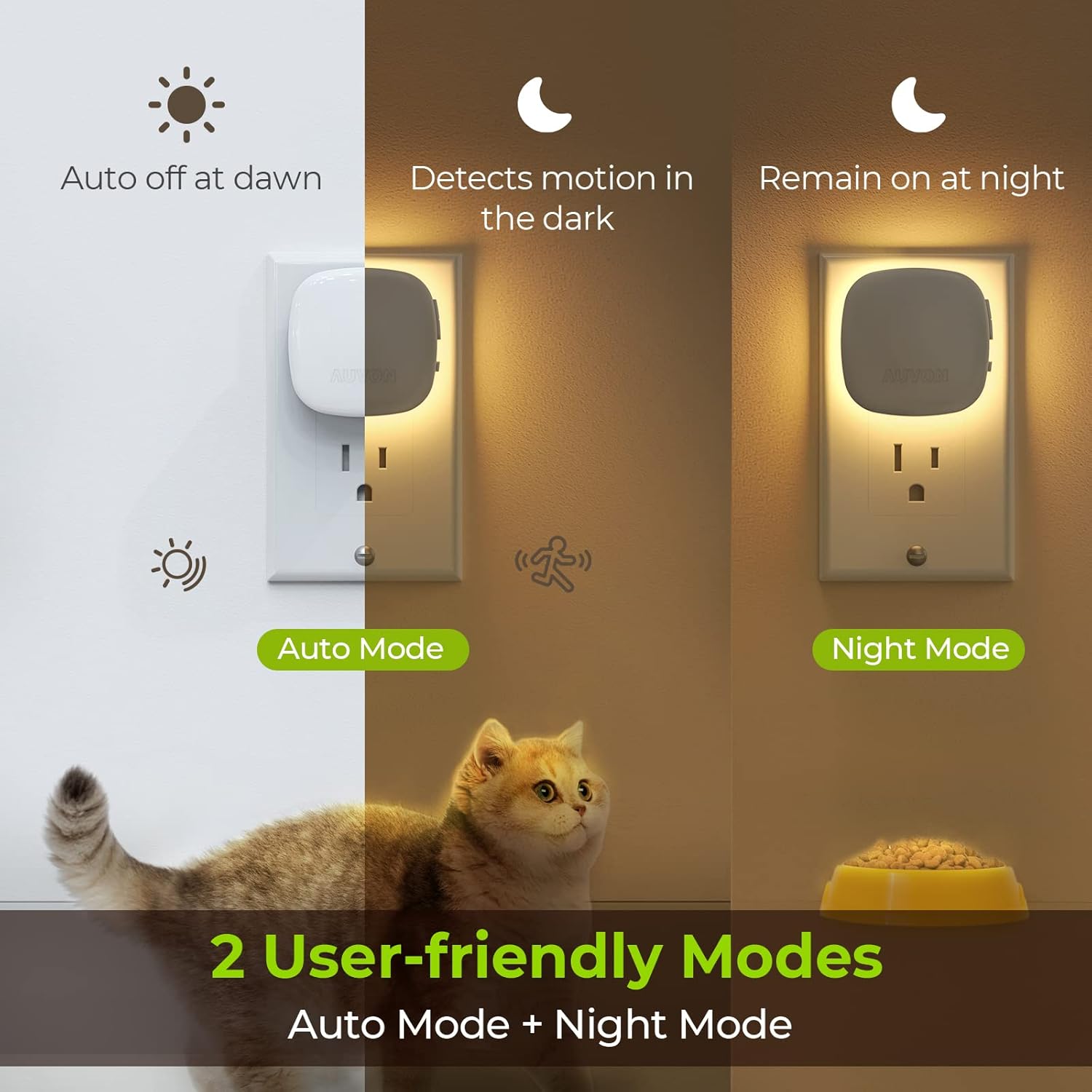 AUVON Plug-in LED Backlit Night Light with Motion Sensor & Dusk to Dawn Sensor, 2200K Soft Warm White Nightlight with 1-50lm Dimmable Brightness for Adults & Kids' Bedroom, Bathroom, Hallway (4 Packs) - Image 3