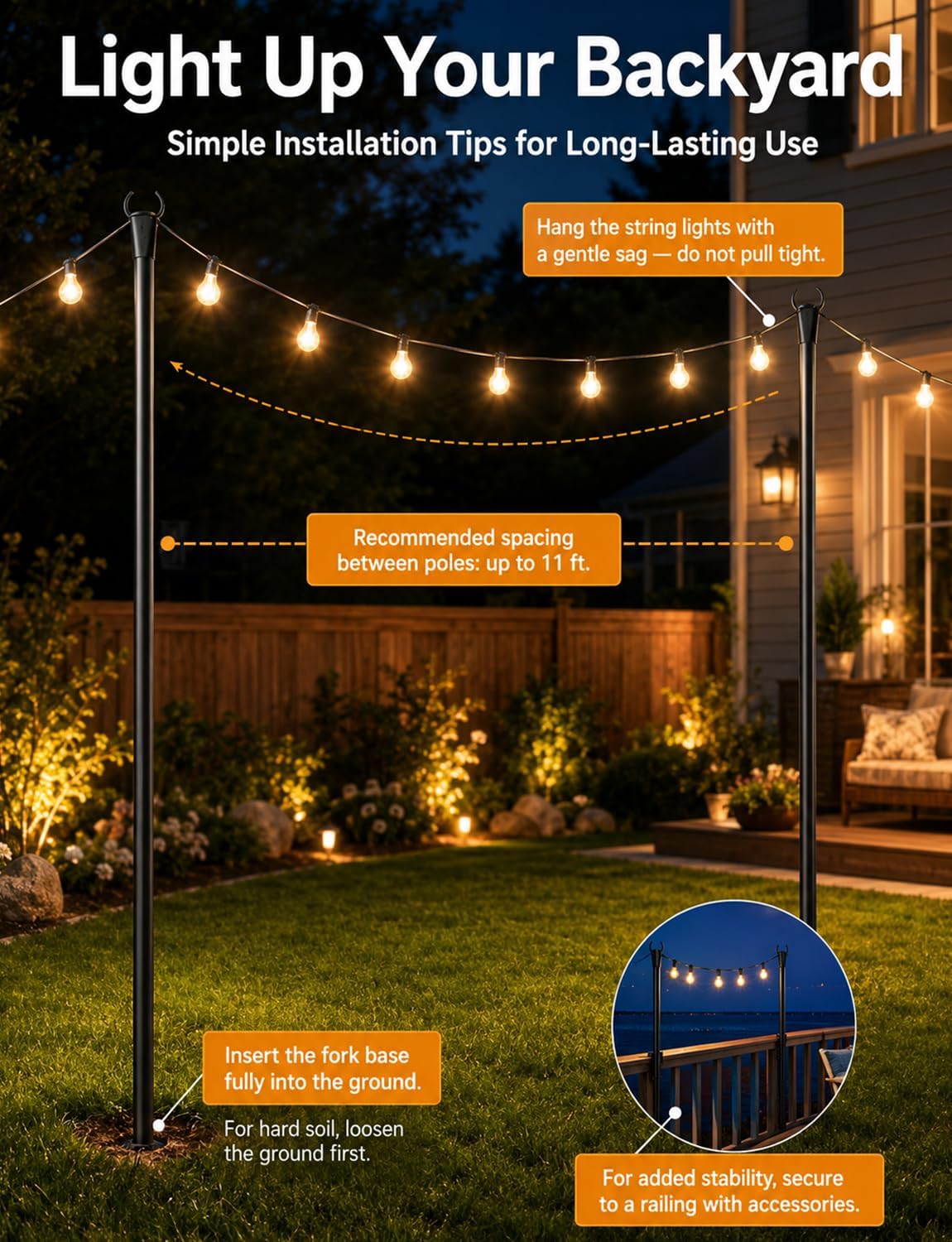 4 Pack String Light Poles for Outside, Thickened Metal Christmas Lights Hanger Pole Outdoor with Fork, Lighting Hanging Post Accessories for Patio Decor Garden Backyard Yard Outside Decorations - Image 4