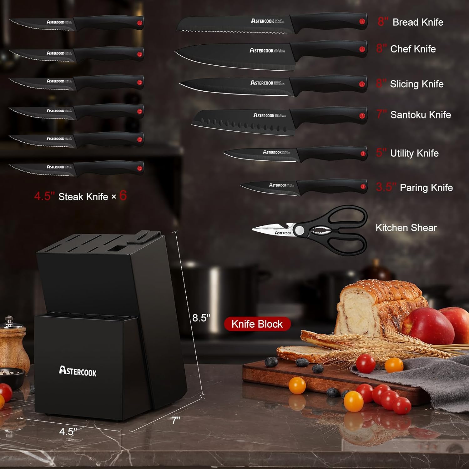 Knife Set, Astercook 15 Pieces Knife Sets for Kitchen with Block, Dishwasher Safe Kitchen Knife Set with Built in Sharpener Block, German Stainless Steel Kitchen Utensils Set - Image 2