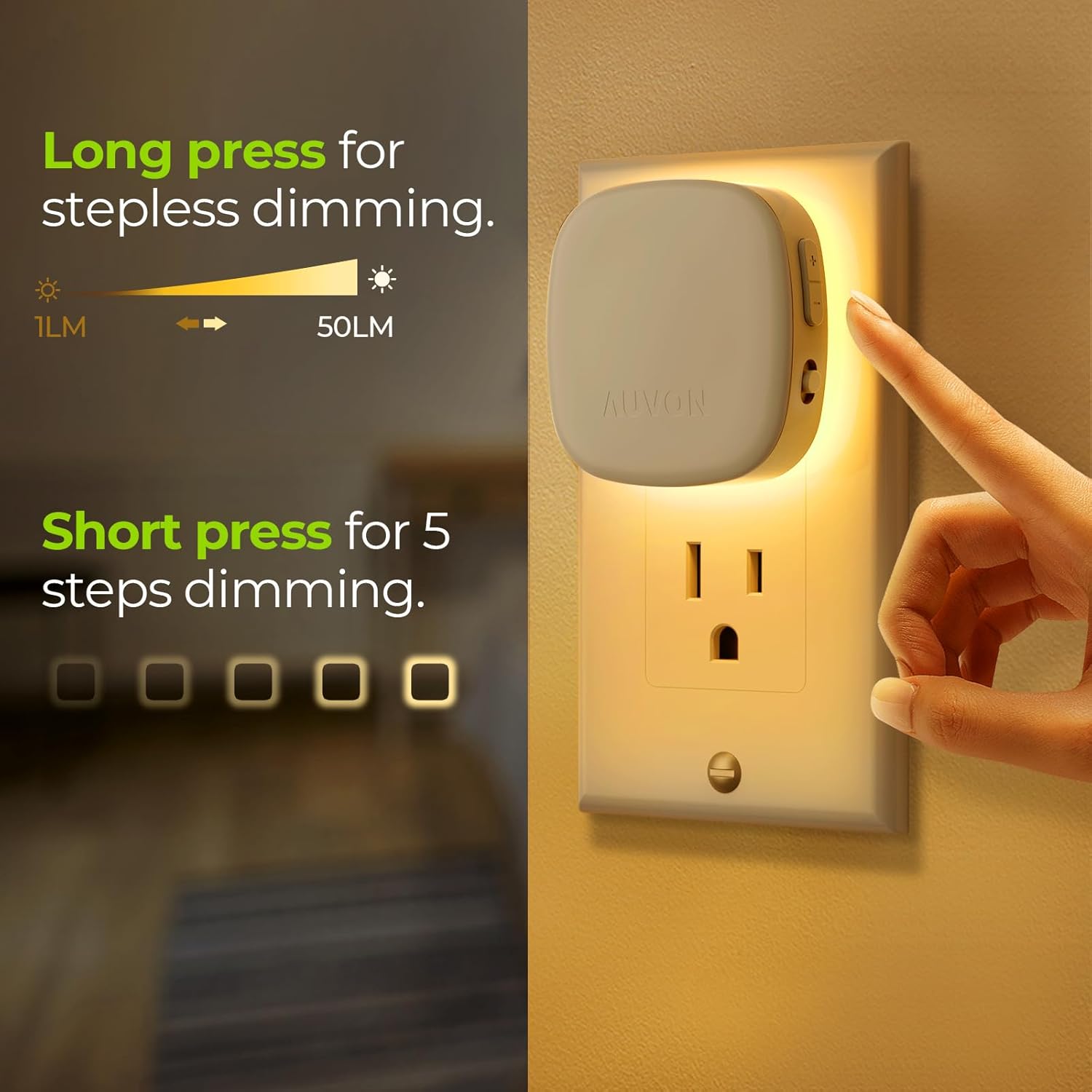 AUVON Plug-in LED Backlit Night Light with Motion Sensor & Dusk to Dawn Sensor, 2200K Soft Warm White Nightlight with 1-50lm Dimmable Brightness for Adults & Kids' Bedroom, Bathroom, Hallway (4 Packs) - Image 5