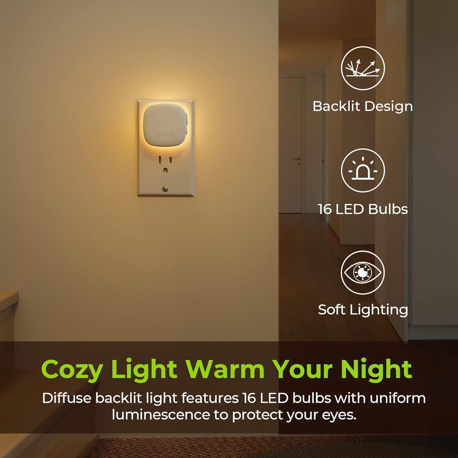 AUVON Plug-in LED Backlit Night Light with Motion Sensor & Dusk to Dawn Sensor, 2200K Soft Warm White Nightlight with 1-50lm Dimmable Brightness for Adults & Kids' Bedroom, Bathroom, Hallway (4 Packs) - Image 2