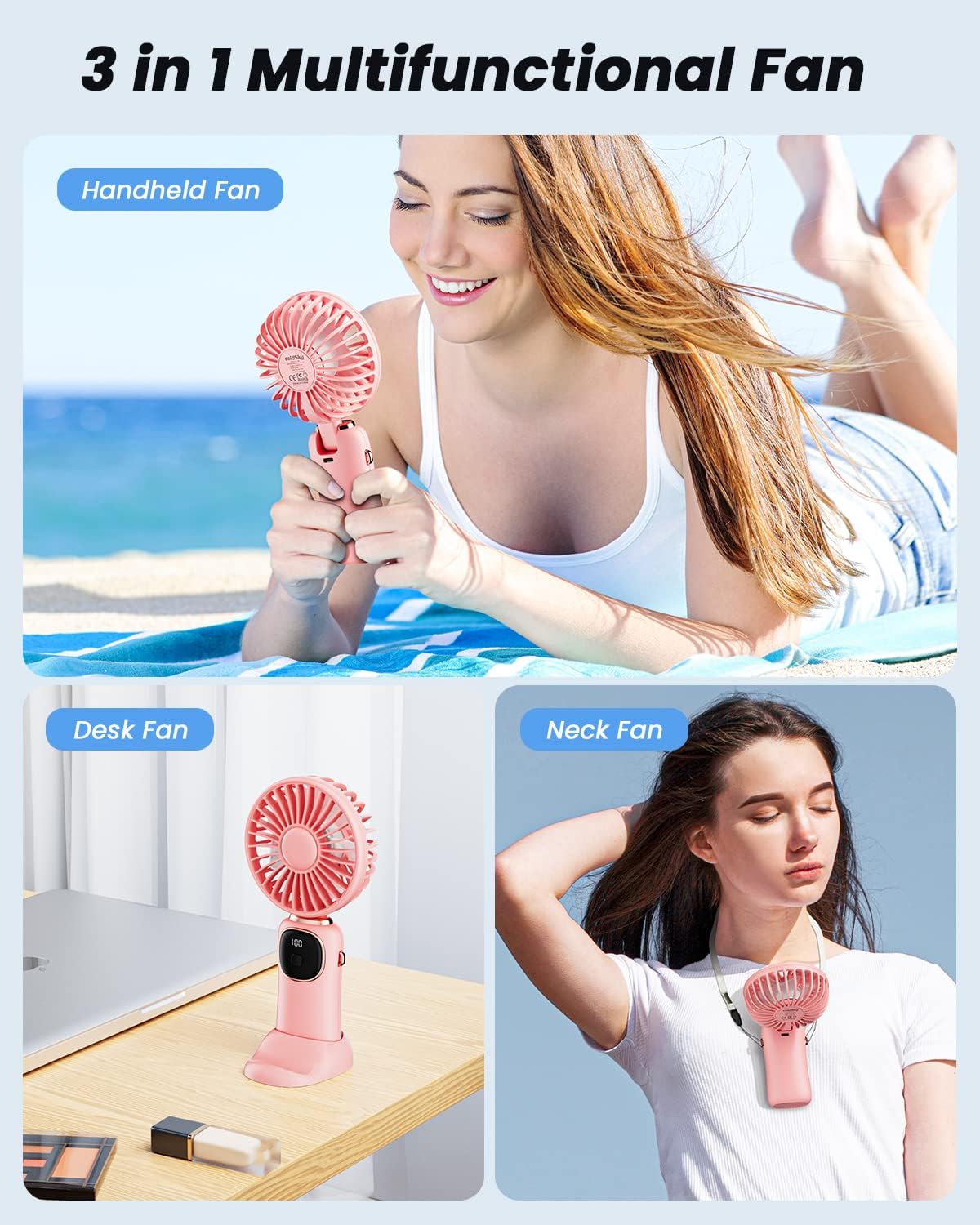 coldSky Portable Handheld Fan, 4000mAh Battery Operated with LED Display, Handheld/Neck/Desk 3 in 1 Personal Small Fan, 90° Foldable Desk Fan with Base, 5 Speed Lash Makeup Fan for Women - Image 2