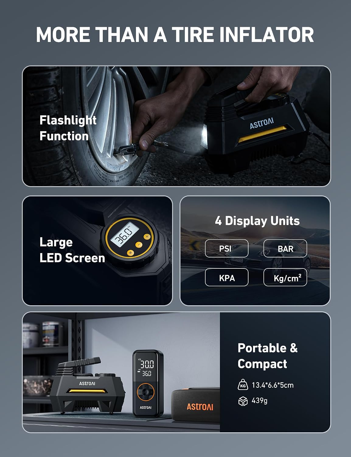 AstroAI AIRUN H Tire Inflator Portable Air Compressor,9.8Ft Cord-12VDC-Powered Auto Shut-Off,Fast Inflation Electric Air Pump for Car Tires-Car Accessories with Digital Pressure Gauge,LED Light,Yellow - Image 8