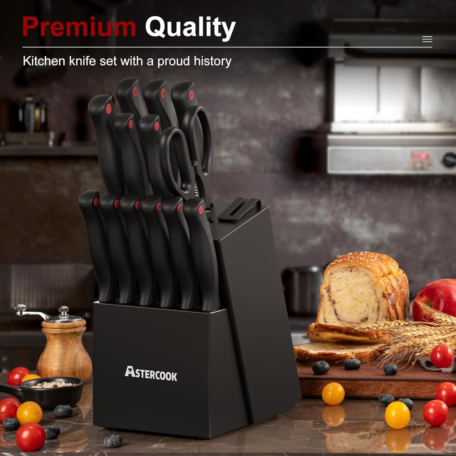 Knife Set, Astercook 15 Pieces Knife Sets for Kitchen with Block, Dishwasher Safe Kitchen Knife Set with Built in Sharpener Block, German Stainless Steel Kitchen Utensils Set - Image 5