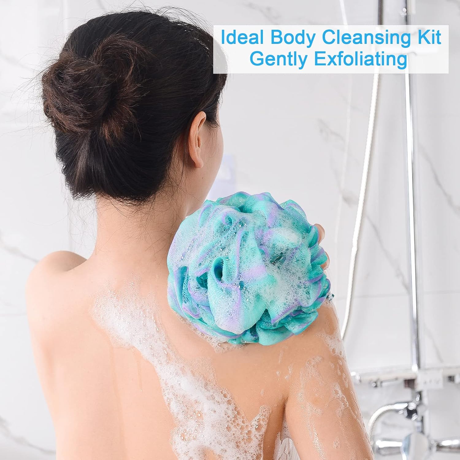 AmazerBath Loofah Sponge 75g/Piece, Exfoliating Bath Sponge Body Scrubber - Loofa Set of 4 Flower Color (Large, Green-Purple) - Image 3