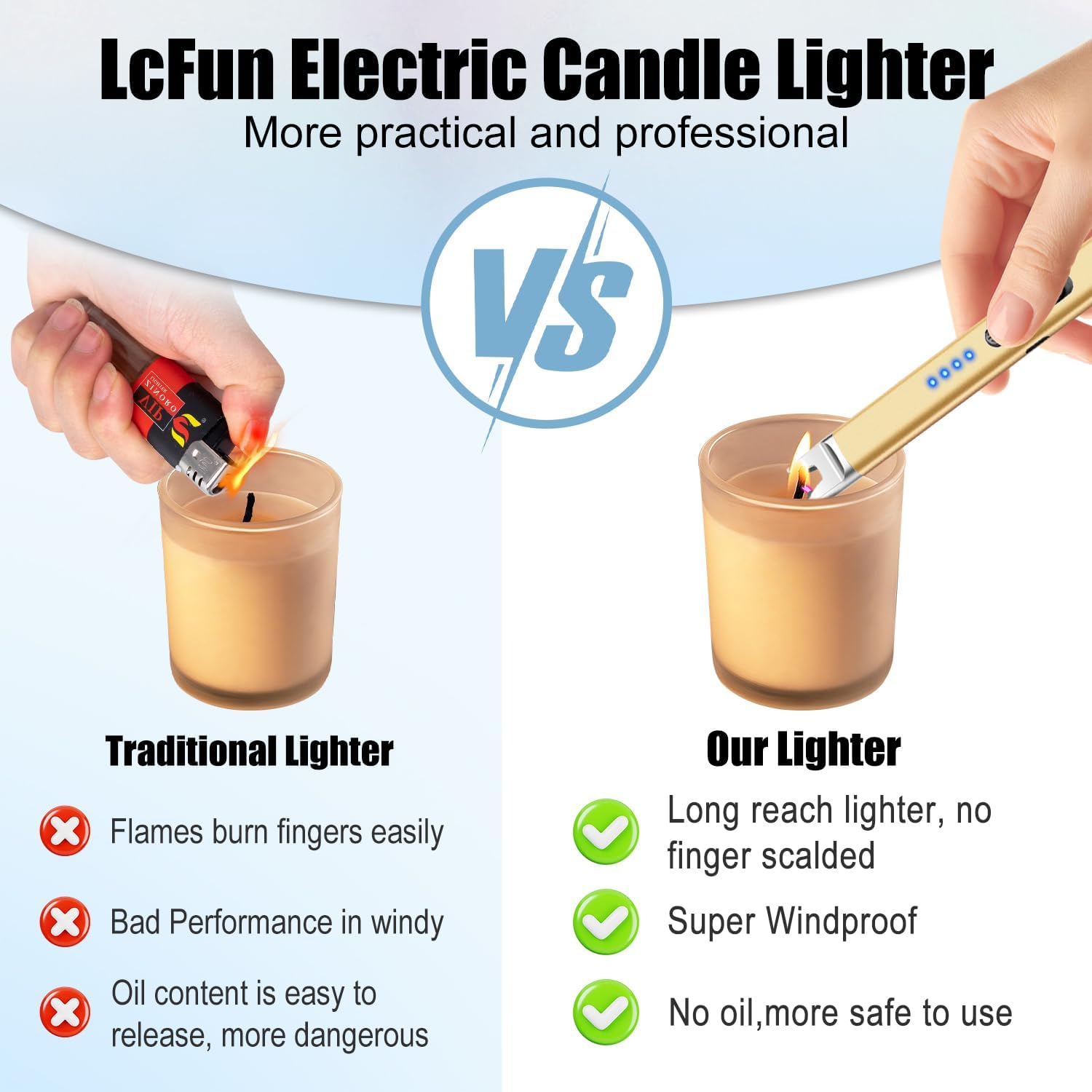 LcFun 2 Pack Candle Lighter USB Rechargeable Electric Plasma Arc Lighters with Safety Lock, Windproof Flameless Lighters Long Stem Matches for Candle, Grill, BBQ, Camping, Gas Stoves (Black, Gold) - Image 8