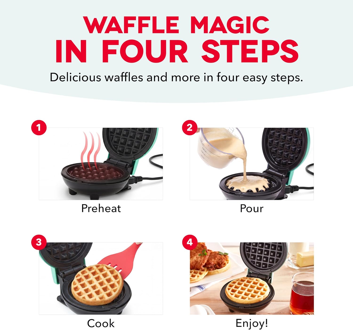 Dash Mini Waffle Maker- Compact Electric Iron for Creative Homemade Treats - PTFE nonstick surface - Easy-to-Clean - Perfect for Kids & Families - White - Image 6