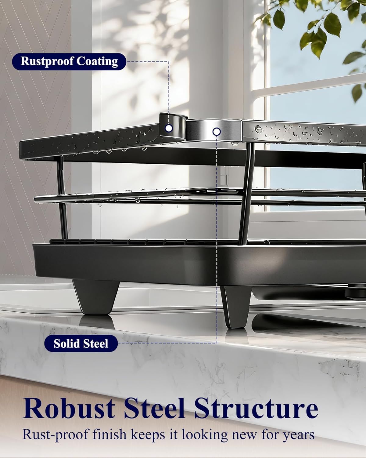 Kitsure Dish Drying Rack for Kitchen Counter, Stainless Steel Sink Organization and Storage Essentials with Cutlery Holder, Home and Appartment Decor, 12''W x 15.5''L, Black - Image 6