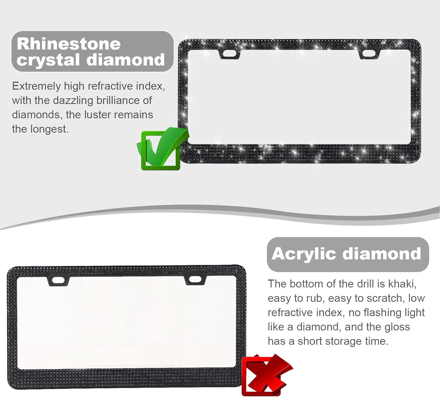 QUANQIUFEI 2 Pack Bling License Plate Frames for Women, Sparkly Rhinestone Diamond Car Accessories with Glitter Crystal Caps (Black) - Image 3