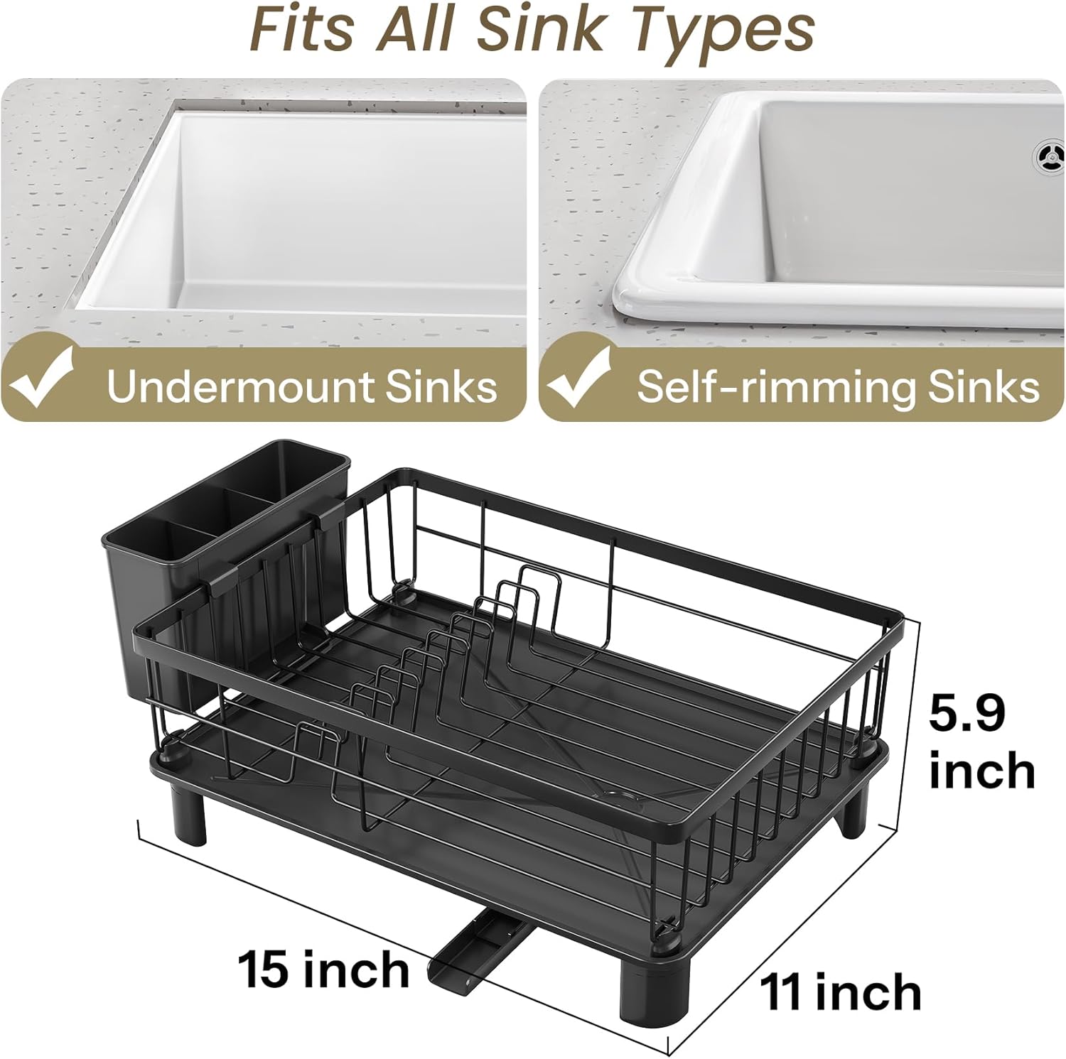 SNTD Dish Drying Rack - Space-Saving Dish Rack for Kitchen Counter, Stainless Steel Dish Drainer with Utensil Holder and Drainboard, 11" W x 15" L (Black) - Image 2