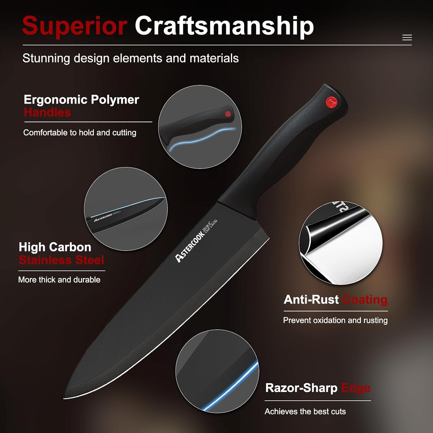 Knife Set, Astercook 15 Pieces Knife Sets for Kitchen with Block, Dishwasher Safe Kitchen Knife Set with Built in Sharpener Block, German Stainless Steel Kitchen Utensils Set - Image 3