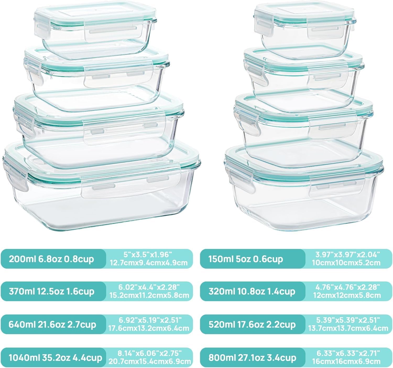 Vtopmart 8 Pack Glass Food Storage Containers with Airtight Lids, Glass Meal Prep Containers, Lunch Office Meal for Microwave, Oven, Freezer and Dishwasher, BPA Free - Image 2
