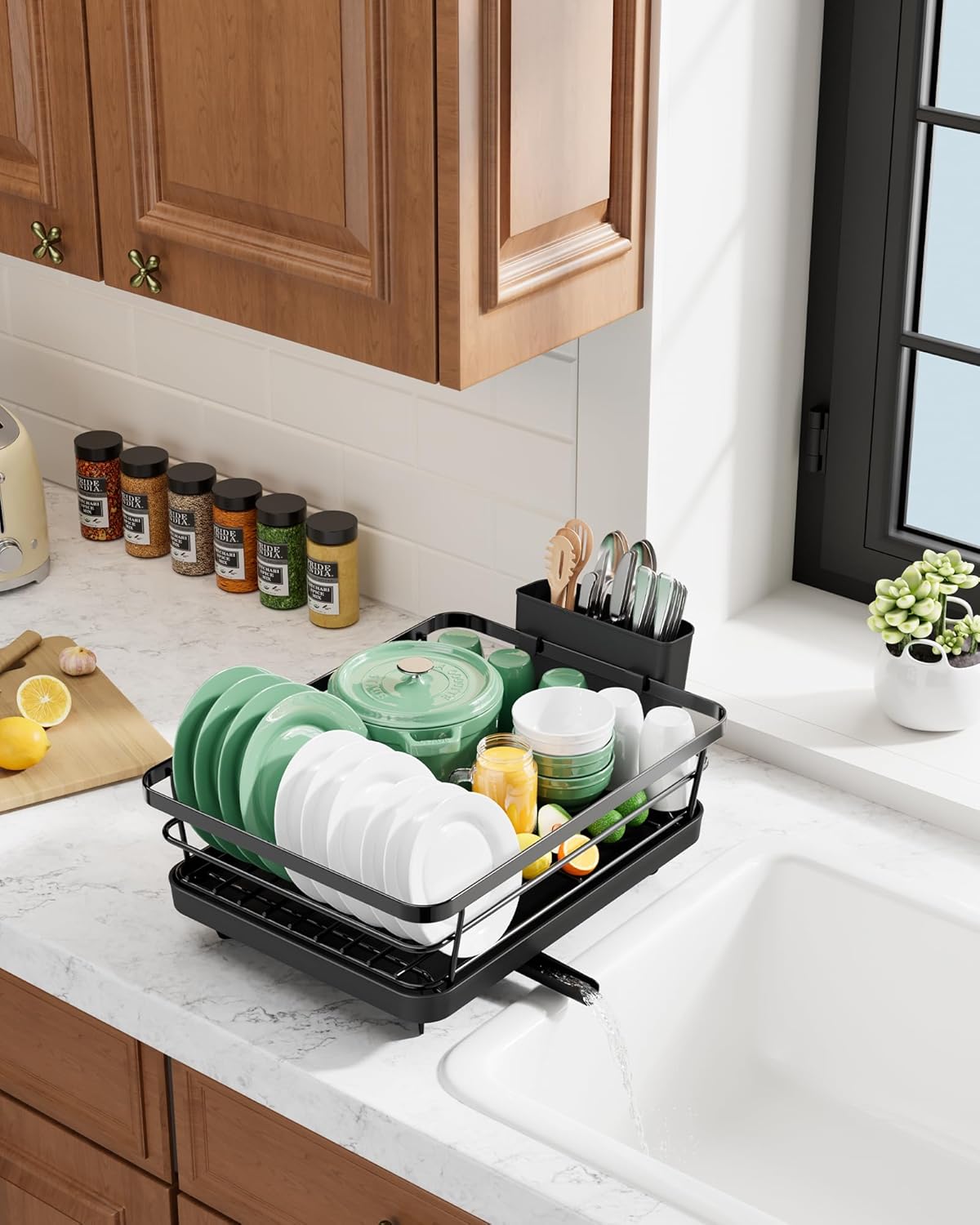 Kitsure Dish Drying Rack for Kitchen Counter, Stainless Steel Sink Organization and Storage Essentials with Cutlery Holder, Home and Appartment Decor, 12''W x 15.5''L, Black - Image 9