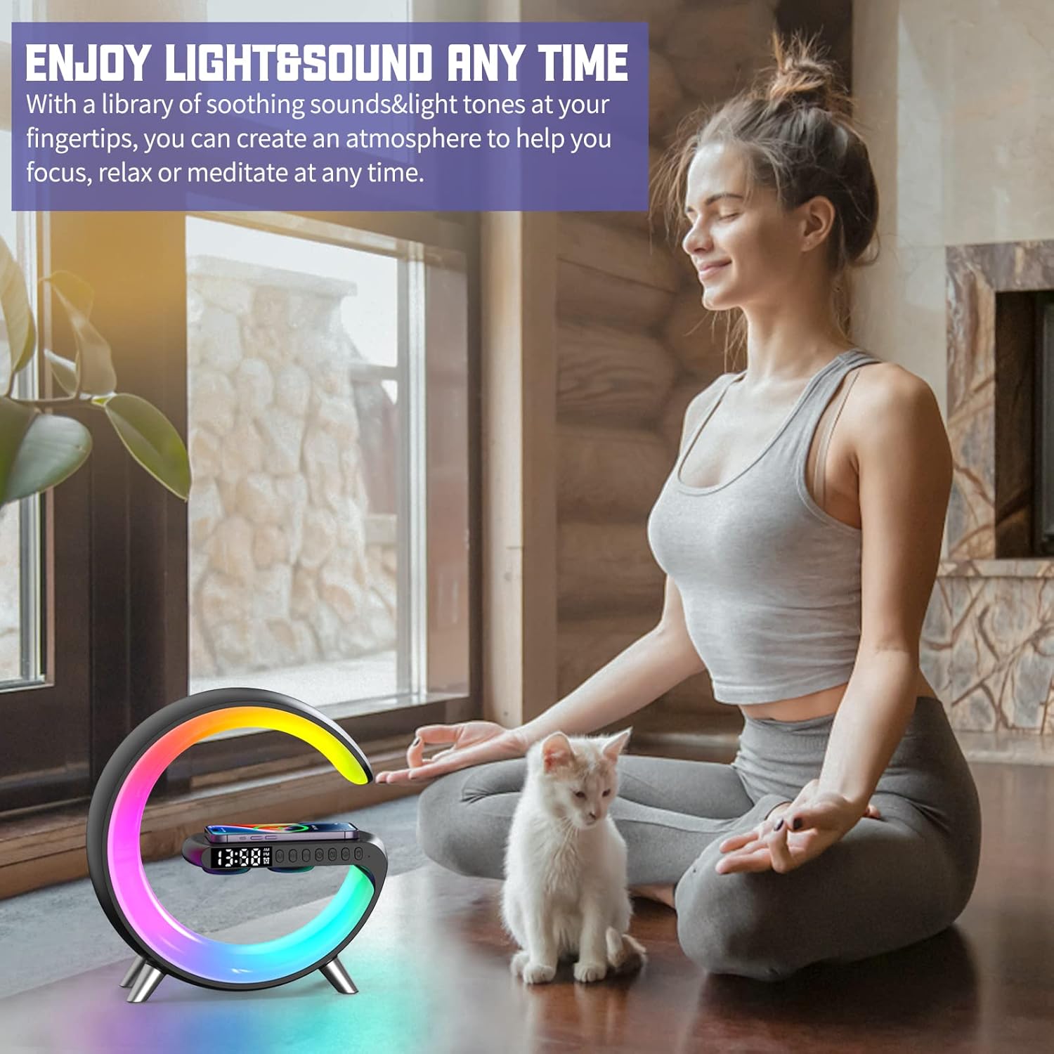 Smart Wireless Charging Alarm Clock with Bluetooth Speaker, App Controlled Bedside Lamp Table Light and Night Light, Bedroom Home Decor, Gift for Girls Boys and Family for Birthday Christmas (Black) - Image 5