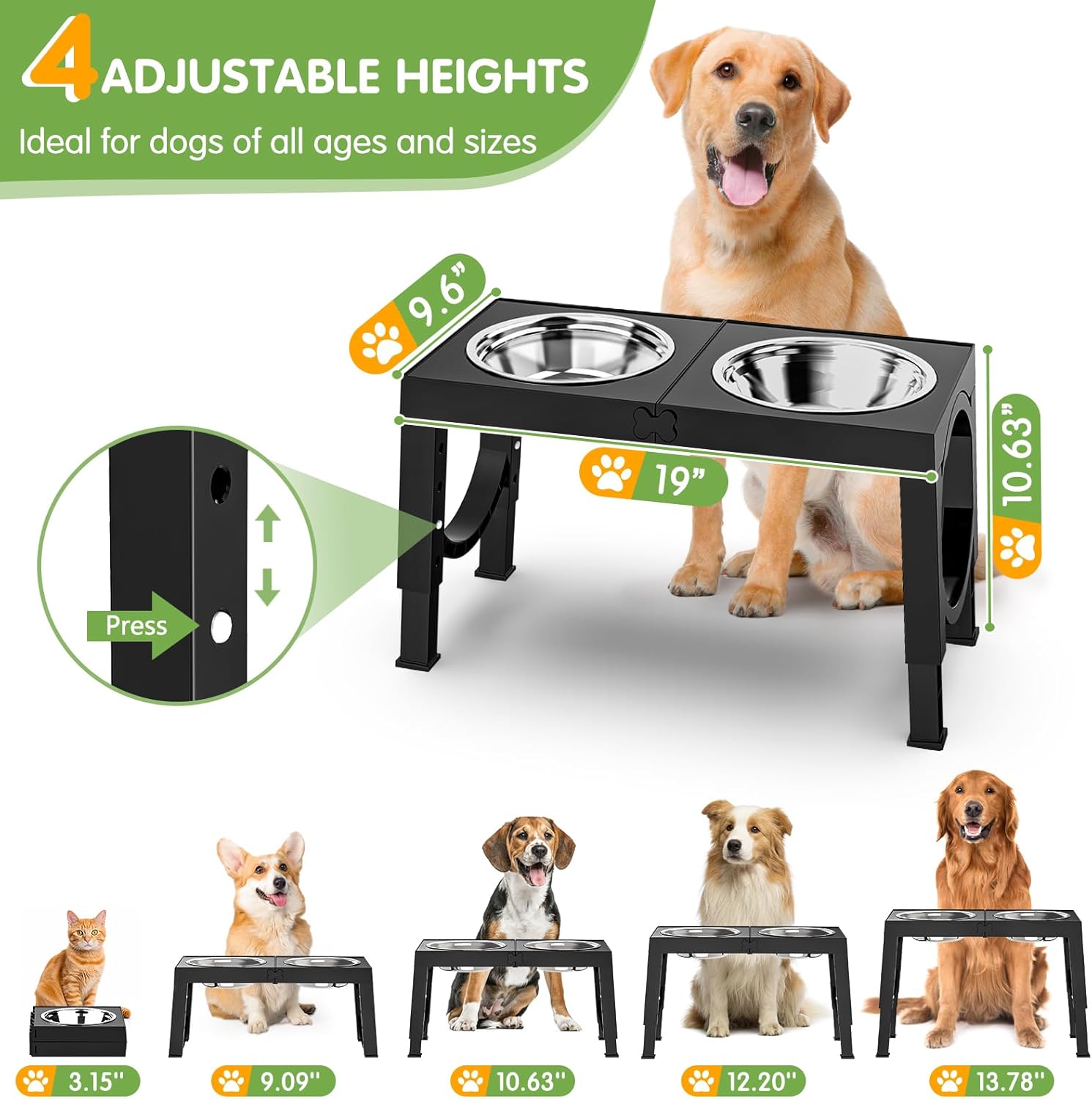 XIAZ Elevated Dog Bowls Large Breed Raised Dogs Bowl Stand Large/Medium Sized Dog Stainless Steel Food Water Bowl Stands 5 Heights Adjustable 9/11/12/14in Black Pet Feeder Dish Station - Image 2