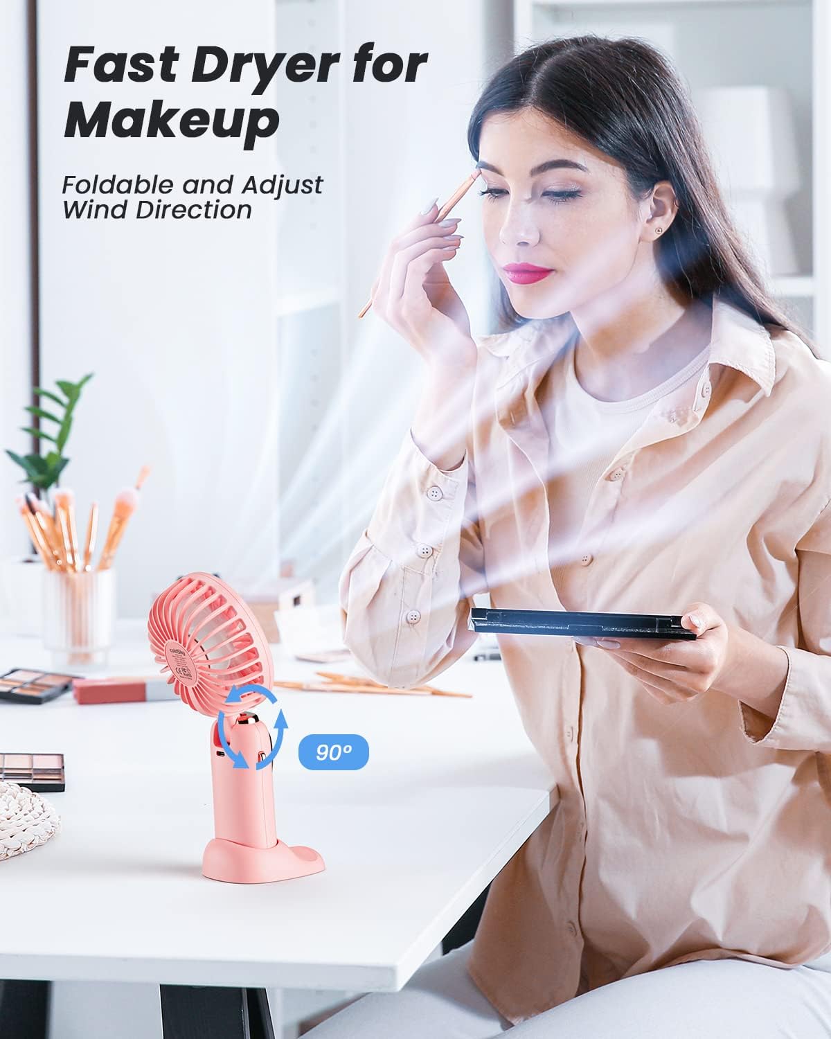 coldSky Portable Handheld Fan, 4000mAh Battery Operated with LED Display, Handheld/Neck/Desk 3 in 1 Personal Small Fan, 90° Foldable Desk Fan with Base, 5 Speed Lash Makeup Fan for Women - Image 5