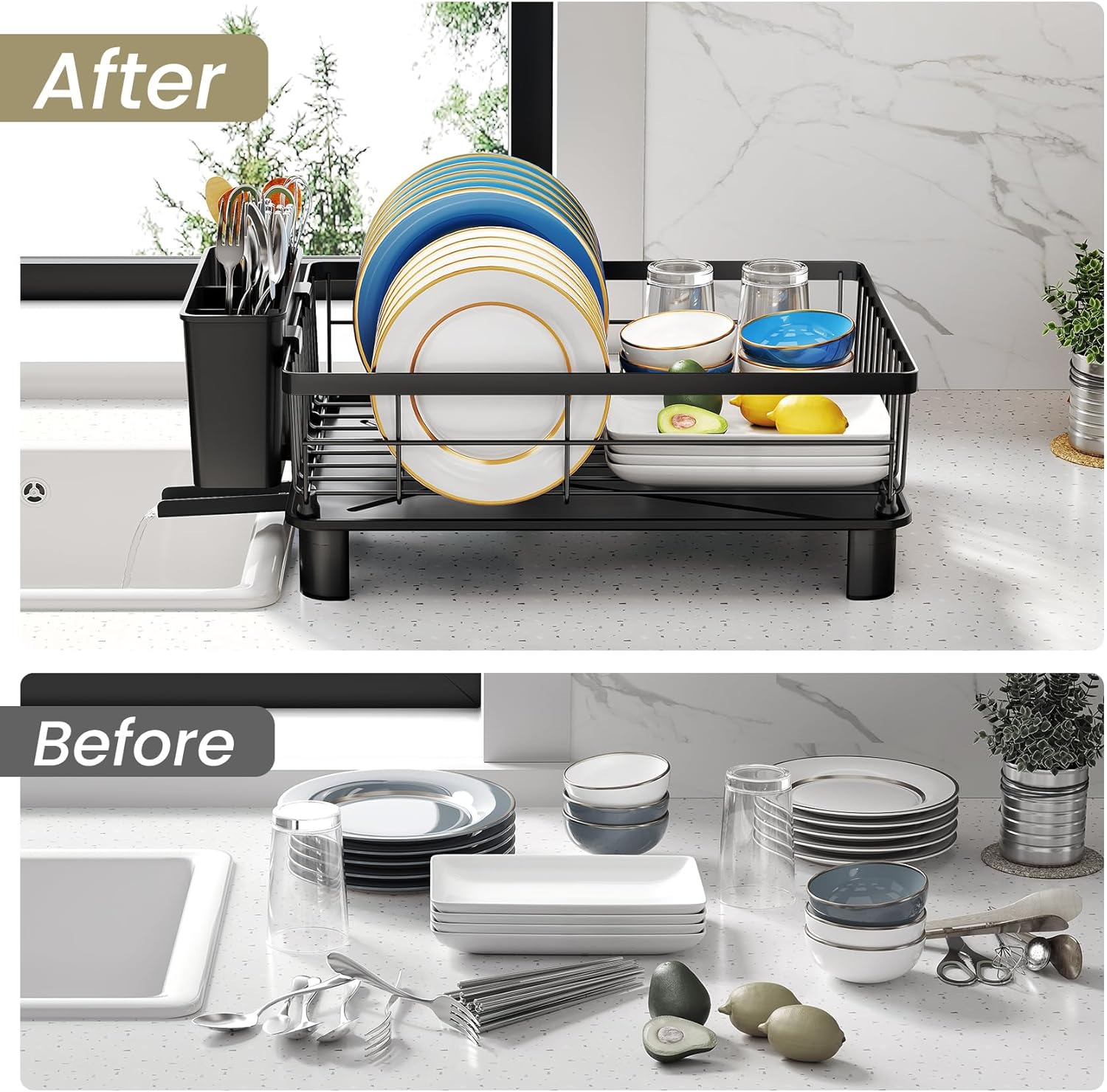 SNTD Dish Drying Rack - Space-Saving Dish Rack for Kitchen Counter, Stainless Steel Dish Drainer with Utensil Holder and Drainboard, 11" W x 15" L (Black) - Image 6
