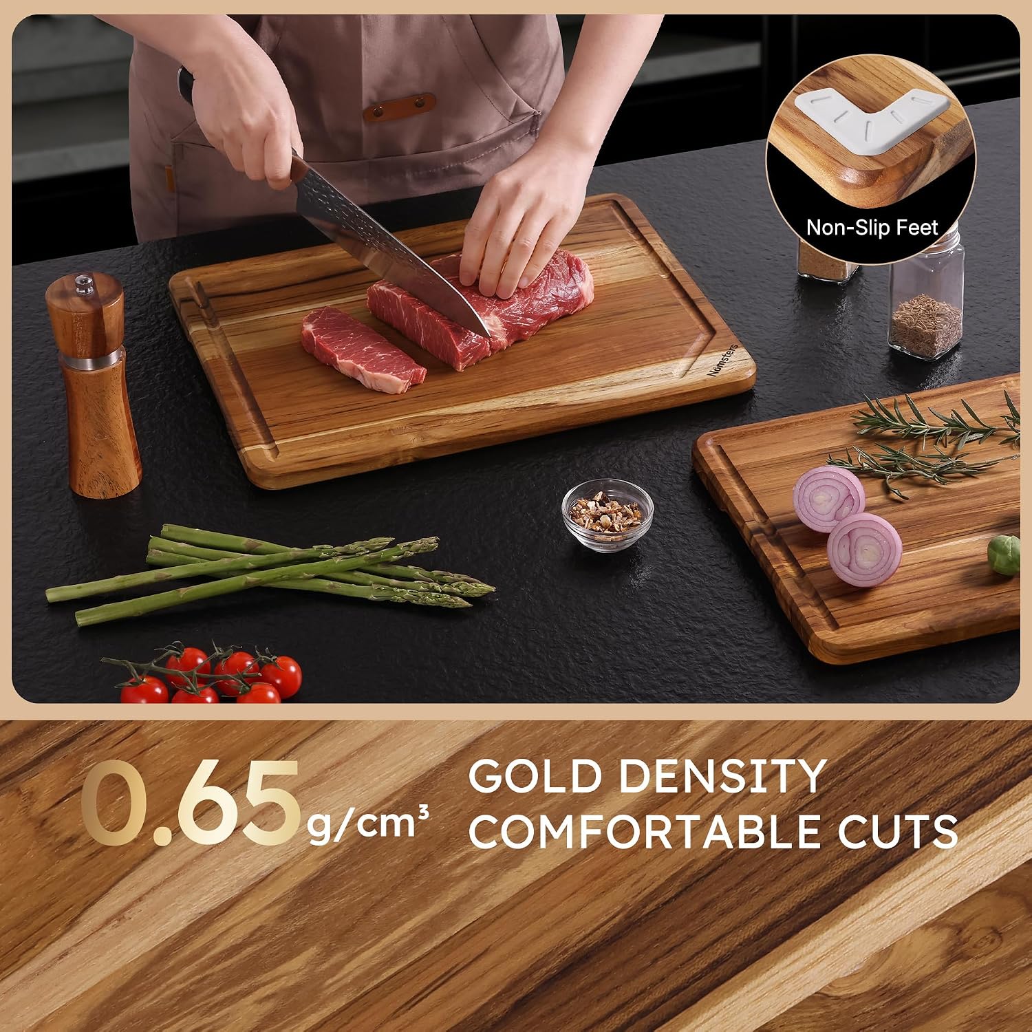 2 Pack Teak Wood Cutting Board Set Non Slip Over Sink Charcuterie Board Serving Heavy Duty Non Toxic Wooden Chopping Board Thick Haus Easy-Grip Handles, Knife-Friendly Best Kitchen Essential Gift - Image 5