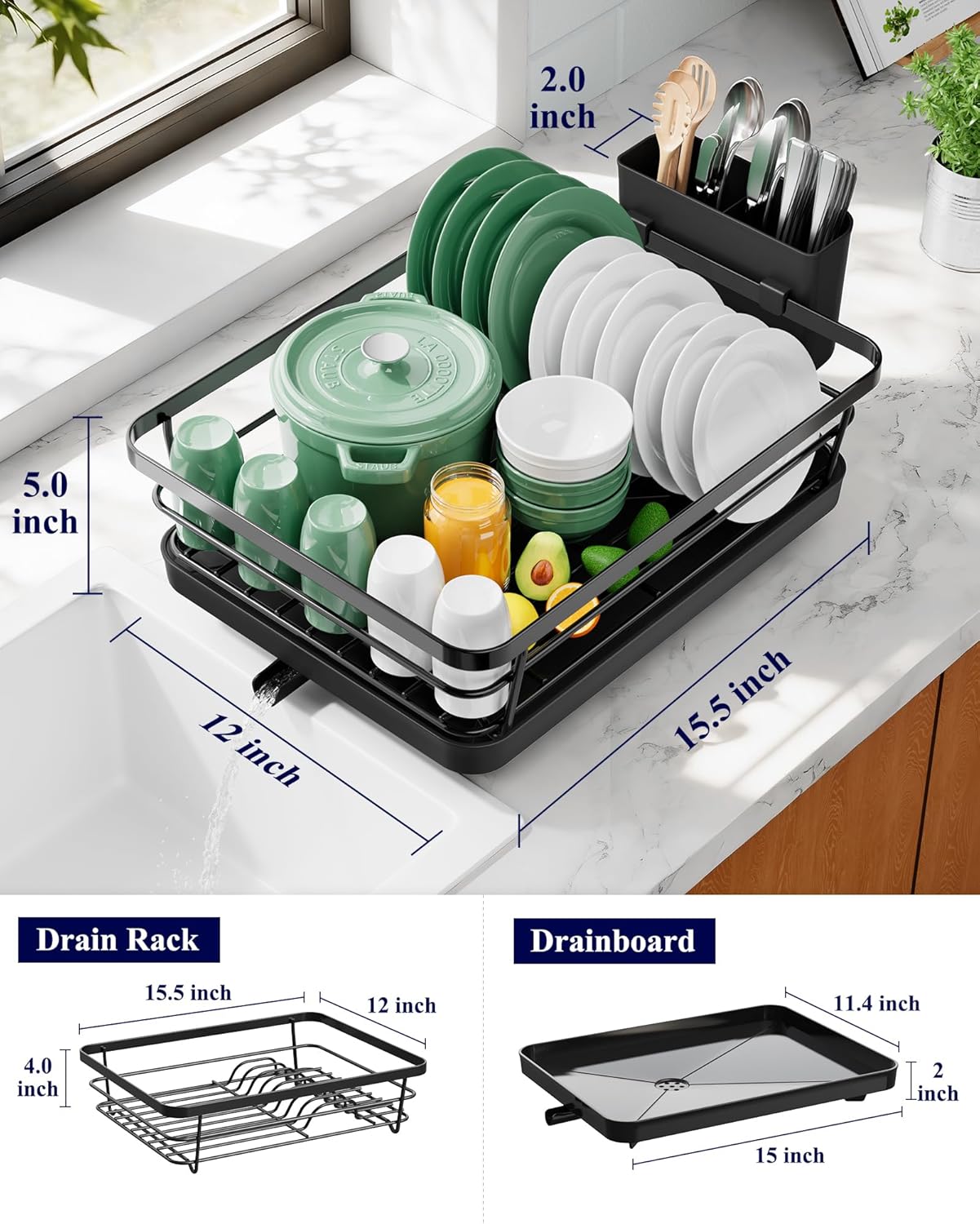 Kitsure Dish Drying Rack for Kitchen Counter, Stainless Steel Sink Organization and Storage Essentials with Cutlery Holder, Home and Appartment Decor, 12''W x 15.5''L, Black - Image 5