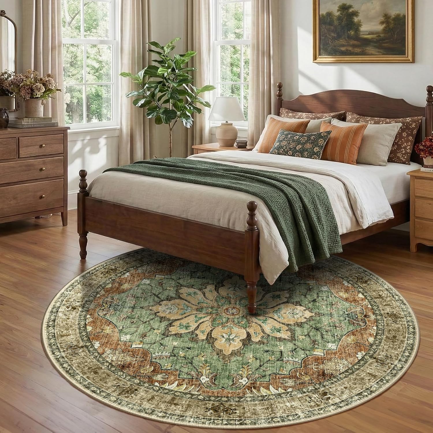 RELEANY Area Rugs Round 8ft Washable Non-Slip, Floral Vintage Distress Medallion Carpet for Living Room Bedroom Dining Room, Terracotta Burnt Orange Green - Image 3