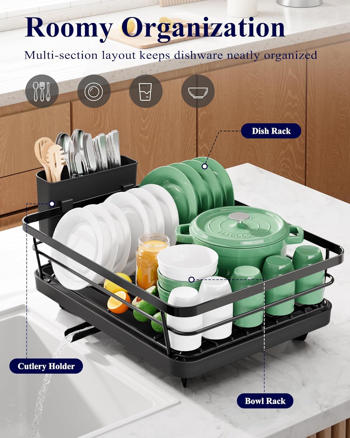 Kitsure Dish Drying Rack for Kitchen Counter, Stainless Steel Sink Organization and Storage Essentials with Cutlery Holder, Home and Appartment Decor, 12''W x 15.5''L, Black - Image 2