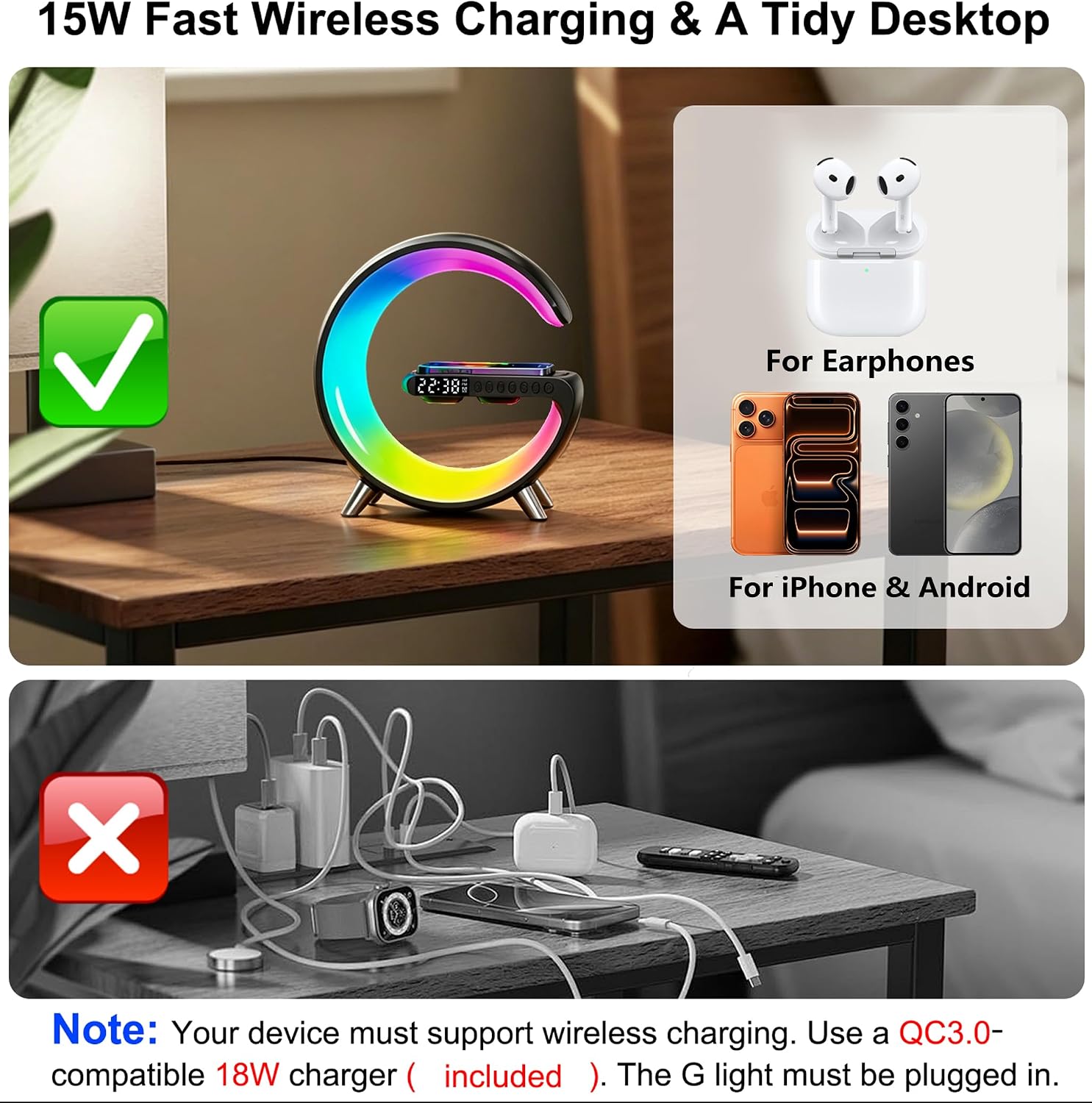 4 In 1 Smart LED Table Lamp, Alarm Clock, Wireless Charger, Night Light, Bluetooth Speaker with App Control, Bedside Lamp for Bedroom, Office, Home Decor, Family, Girls Boys Birthday Festival Gifts - Image 6