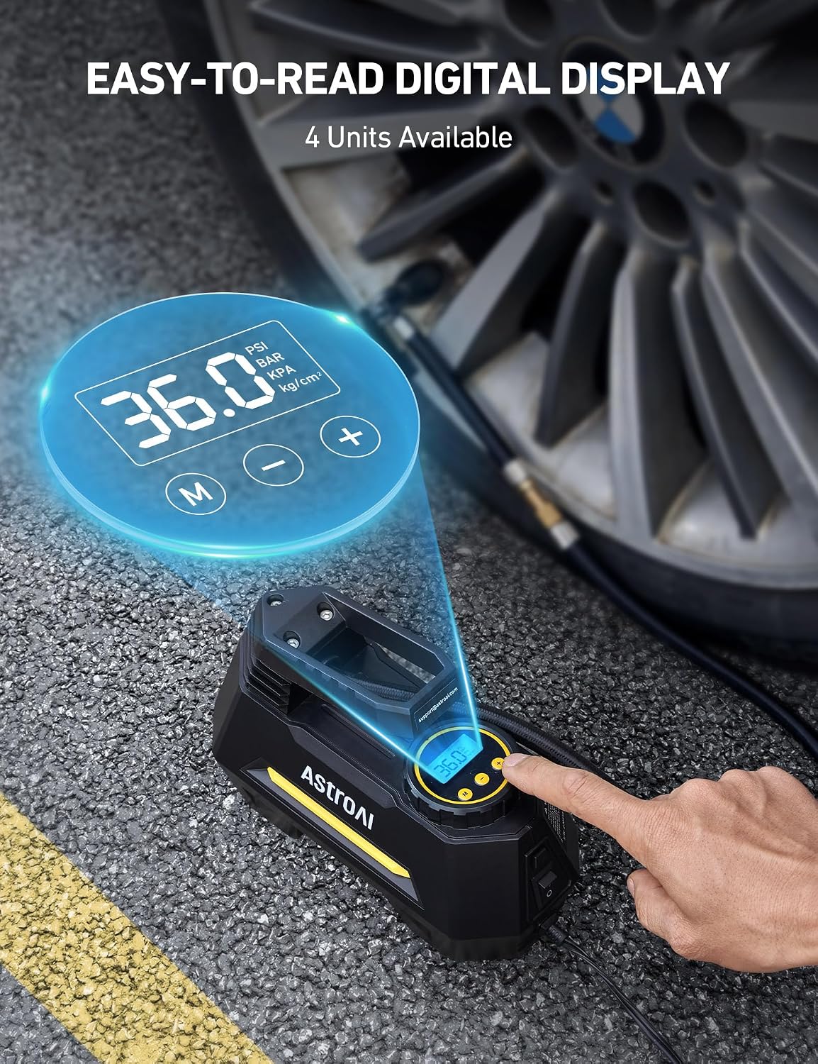 AstroAI AIRUN H Tire Inflator Portable Air Compressor,9.8Ft Cord-12VDC-Powered Auto Shut-Off,Fast Inflation Electric Air Pump for Car Tires-Car Accessories with Digital Pressure Gauge,LED Light,Yellow - Image 6
