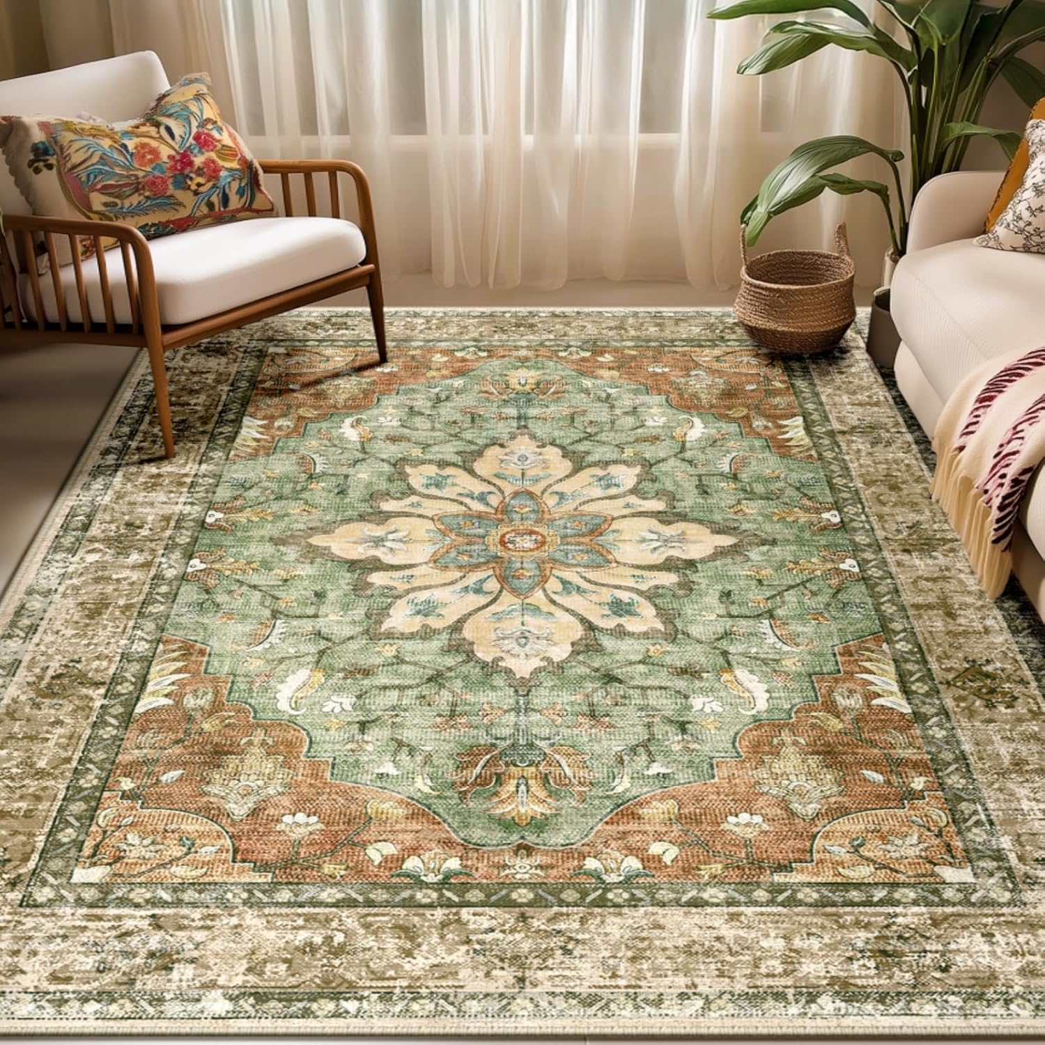 RELEANY Area Rugs 5'x7' Washable Non-Slip, Floral Vintage Distress Medallion Carpet for Living Room Bedroom Dining Room, Terracotta Burnt Orange Green