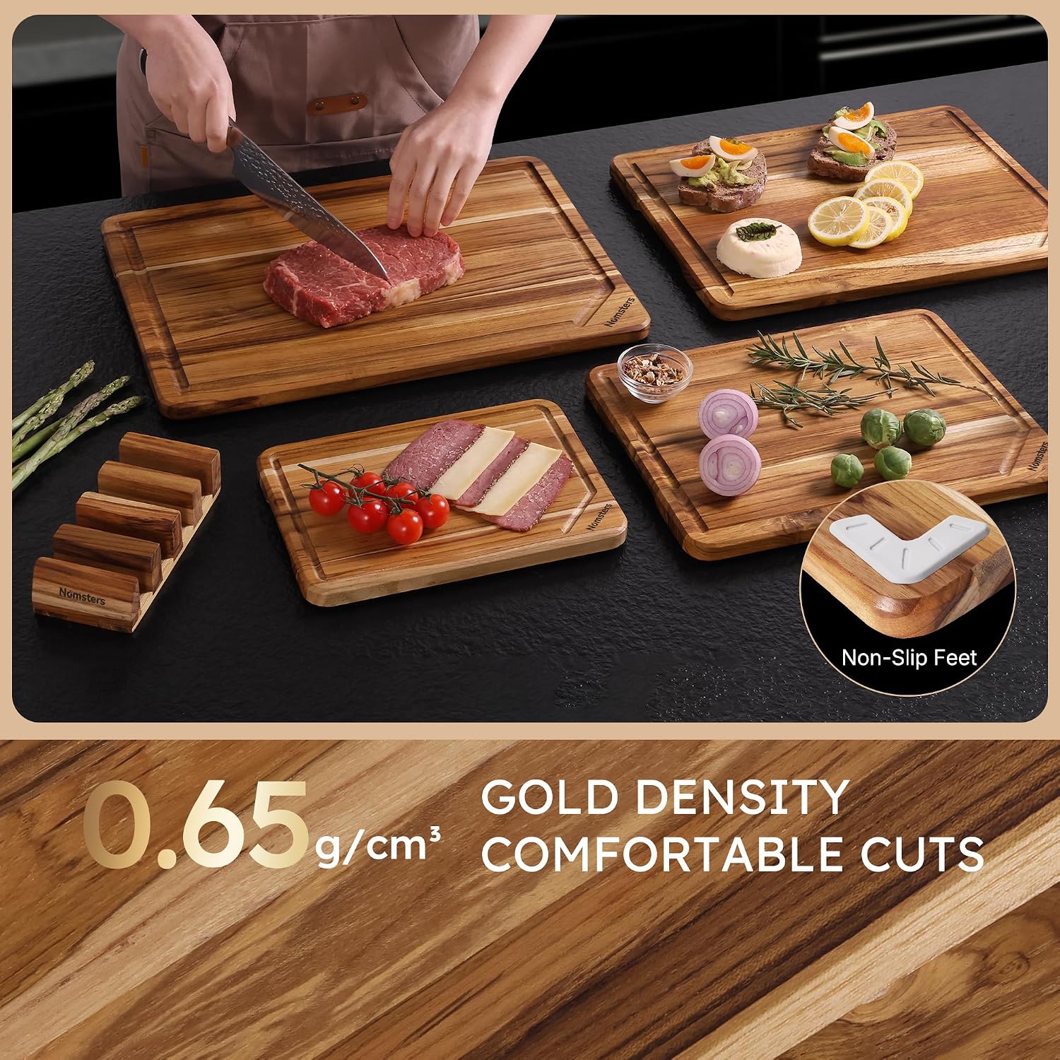 4 Pack Teak Wood Cutting Board Set with Holder Non Slip Over Sink Wooden Chopping Board for Fresh Meat Vegetable Thick Haus Perfect for Charcuterie Juice Groove Holiday Gift Ideas for Men and Women - Image 5