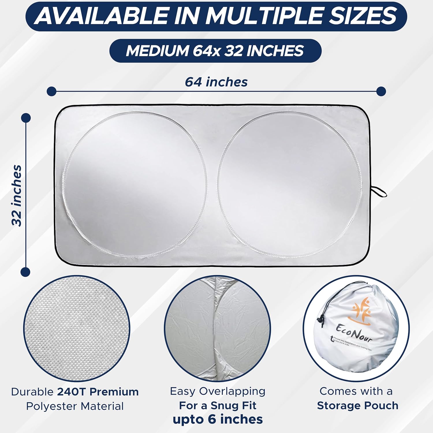 EcoNour Car Windshield Sunshade | Blocks 99% Heat & Keeps Interior Cool | Universal Fits Cars, SUVs, Trucks | Automotive Sun Screen, Visor & Car Accessories for Summer | Medium (64x32 Inches) - Image 6