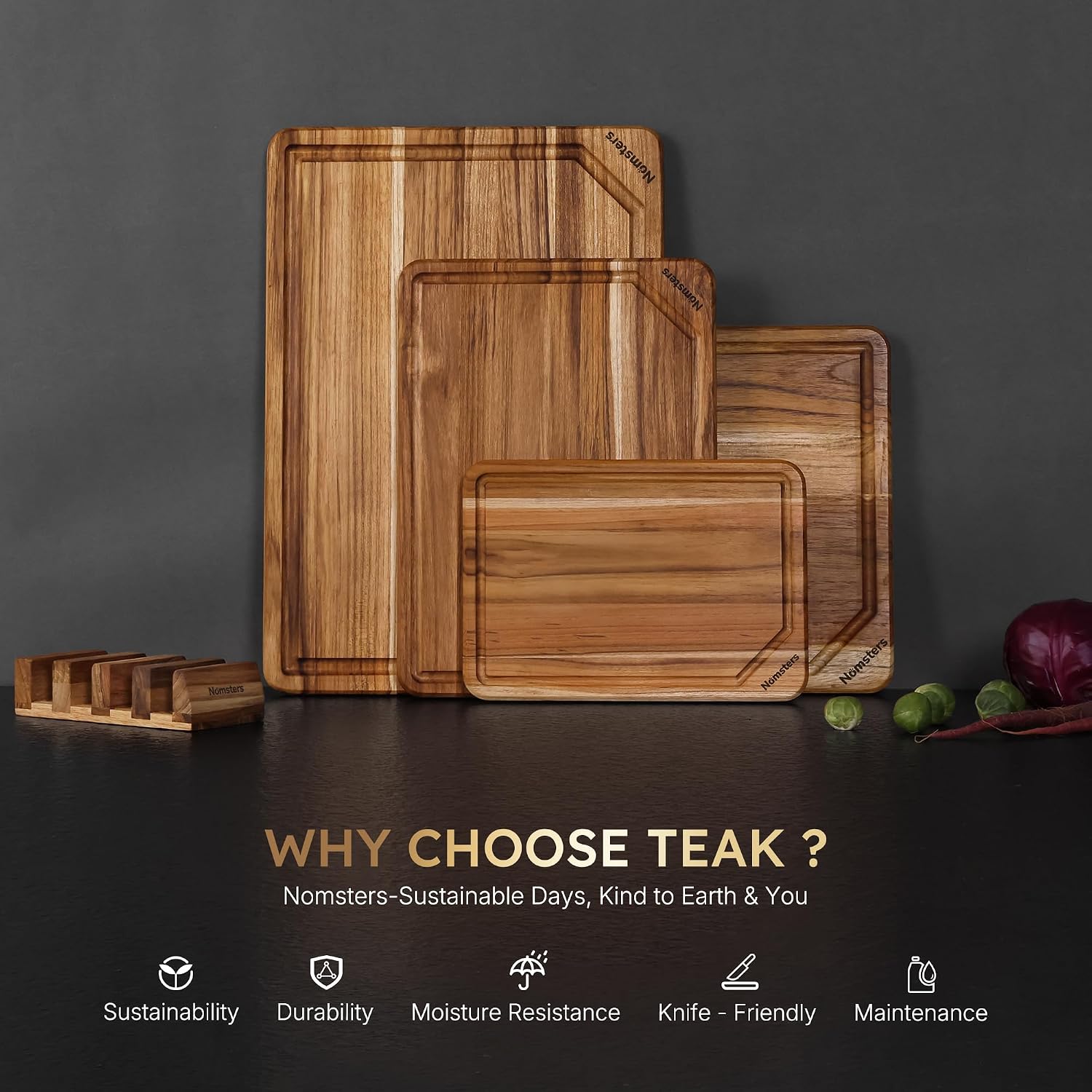 4 Pack Teak Wood Cutting Board Set with Holder Non Slip Over Sink Wooden Chopping Board for Fresh Meat Vegetable Thick Haus Perfect for Charcuterie Juice Groove Holiday Gift Ideas for Men and Women - Image 3