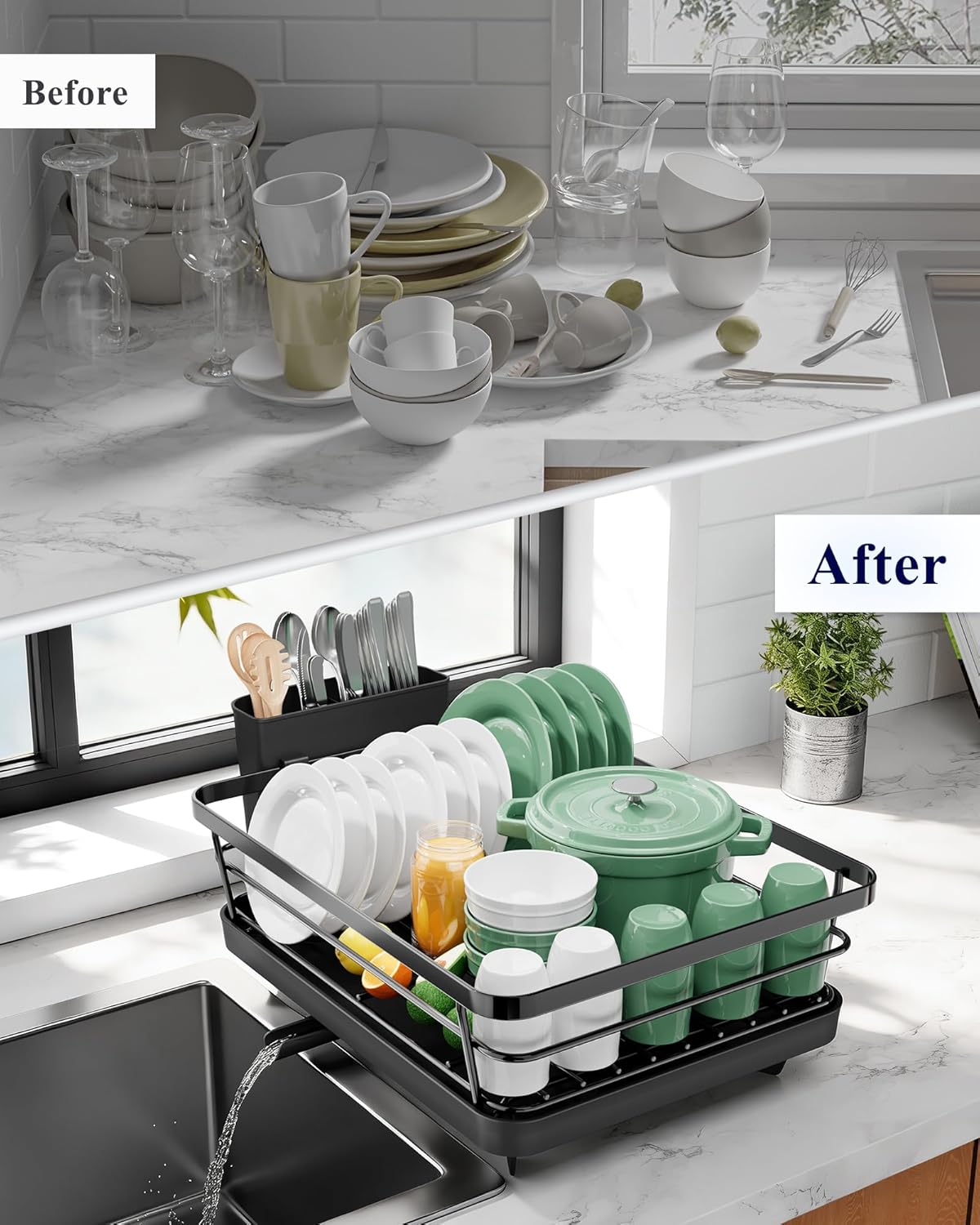 Kitsure Dish Drying Rack for Kitchen Counter, Stainless Steel Sink Organization and Storage Essentials with Cutlery Holder, Home and Appartment Decor, 12''W x 15.5''L, Black - Image 8